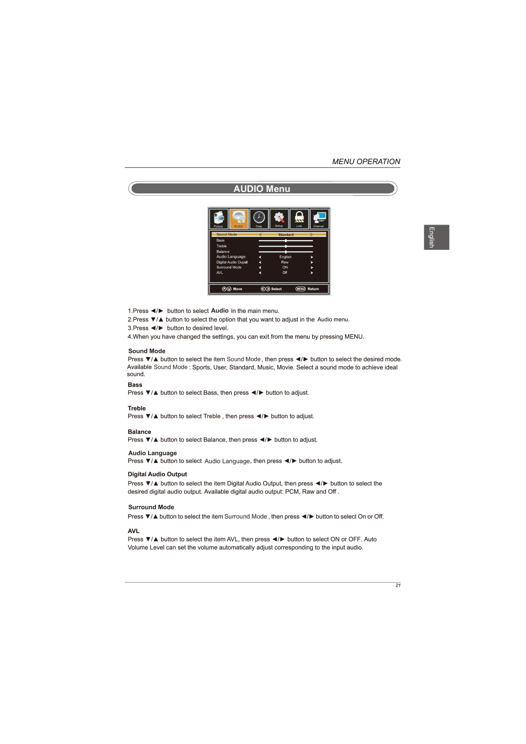 Westinghouse EUM24F1G1 user manual Audio Menu 