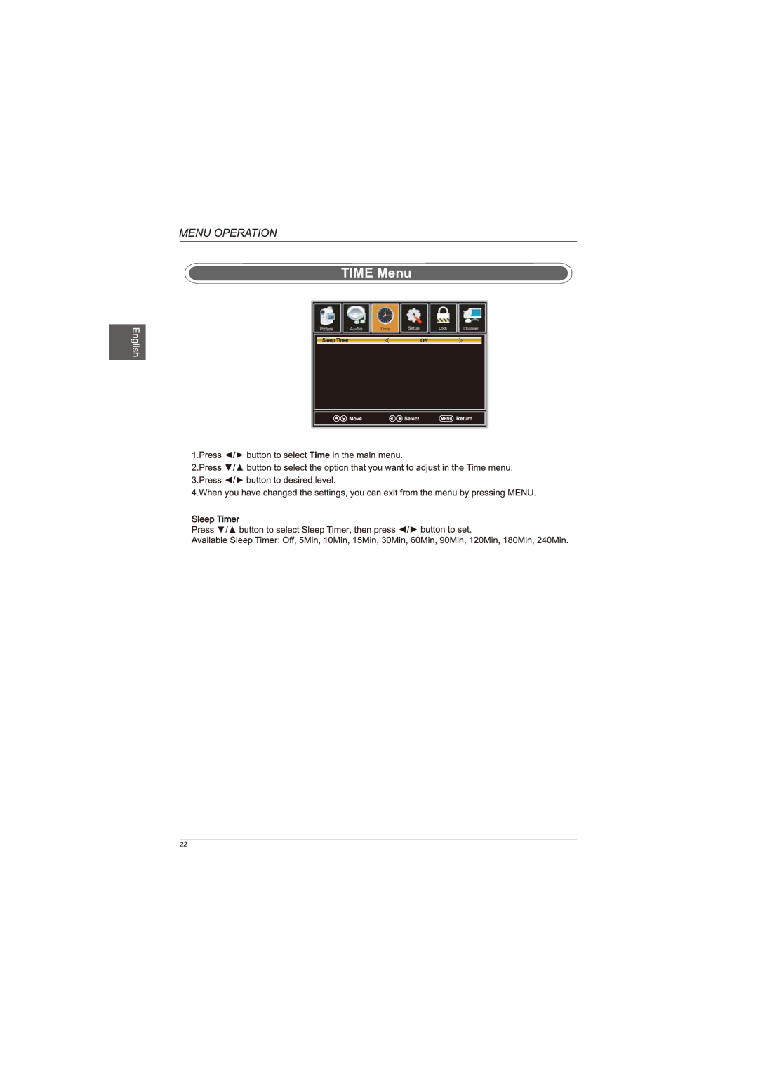 Westinghouse EUM24F1G1 user manual Time Menu 