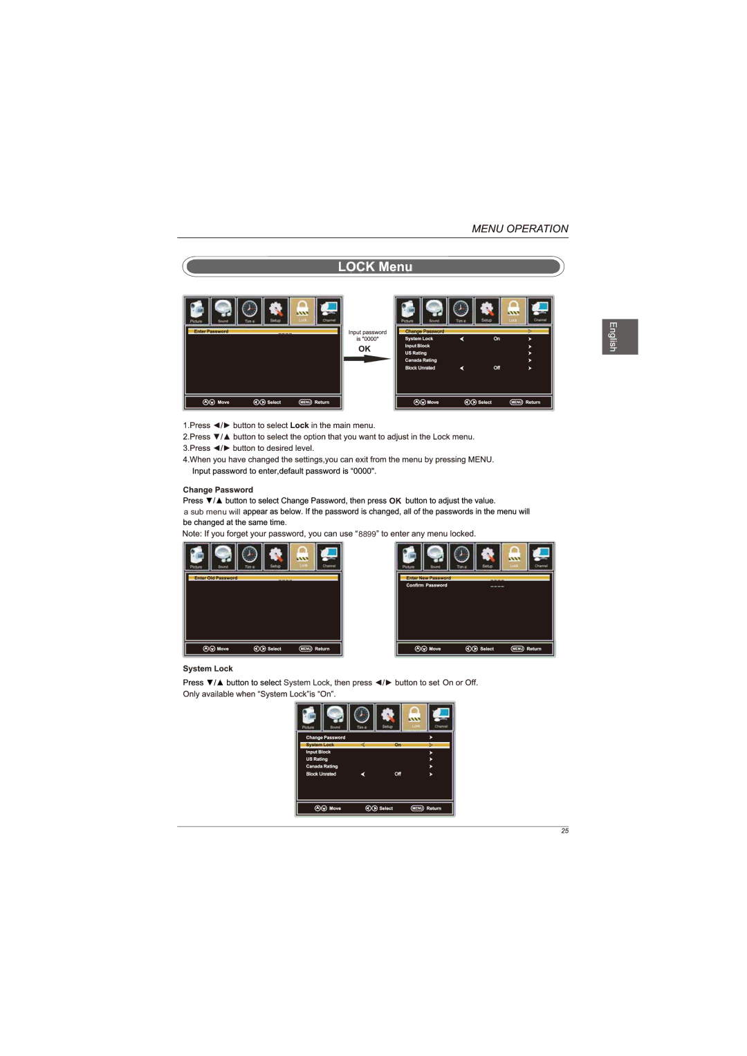 Westinghouse EUM24F1G1 user manual Sub menu will 8899 