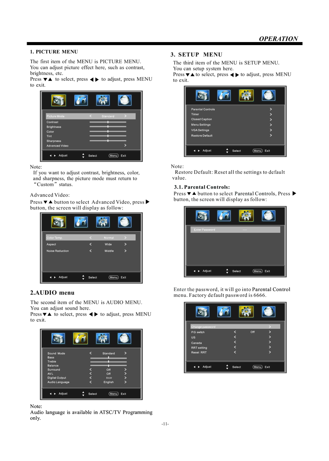 Westinghouse EW19S4JW manual Operation, Parental Controls 