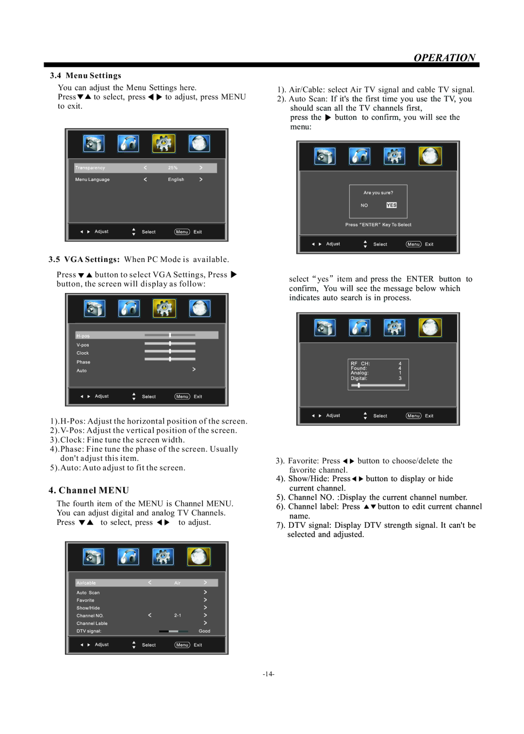 Westinghouse EW19S4JW manual Channel Menu, Menu Settings 