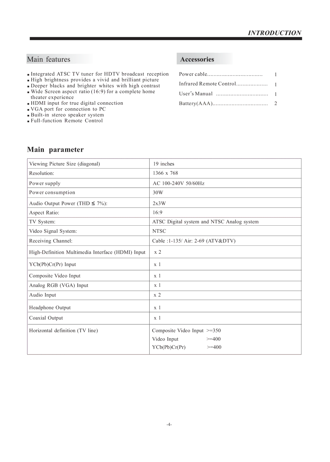 Westinghouse EW19S4JW manual Introduction, Accessories 