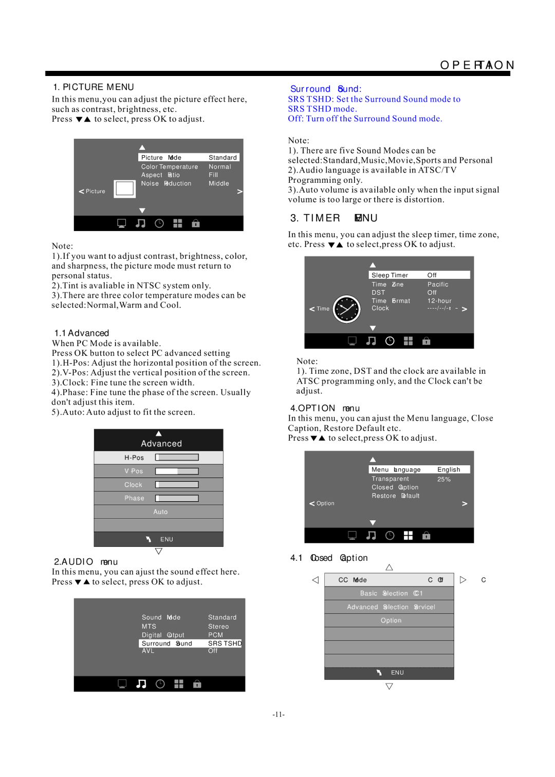 Westinghouse EW32S5KW manual Picture Menu, Advanced, Audio menu, Option menu, Closed Caption 