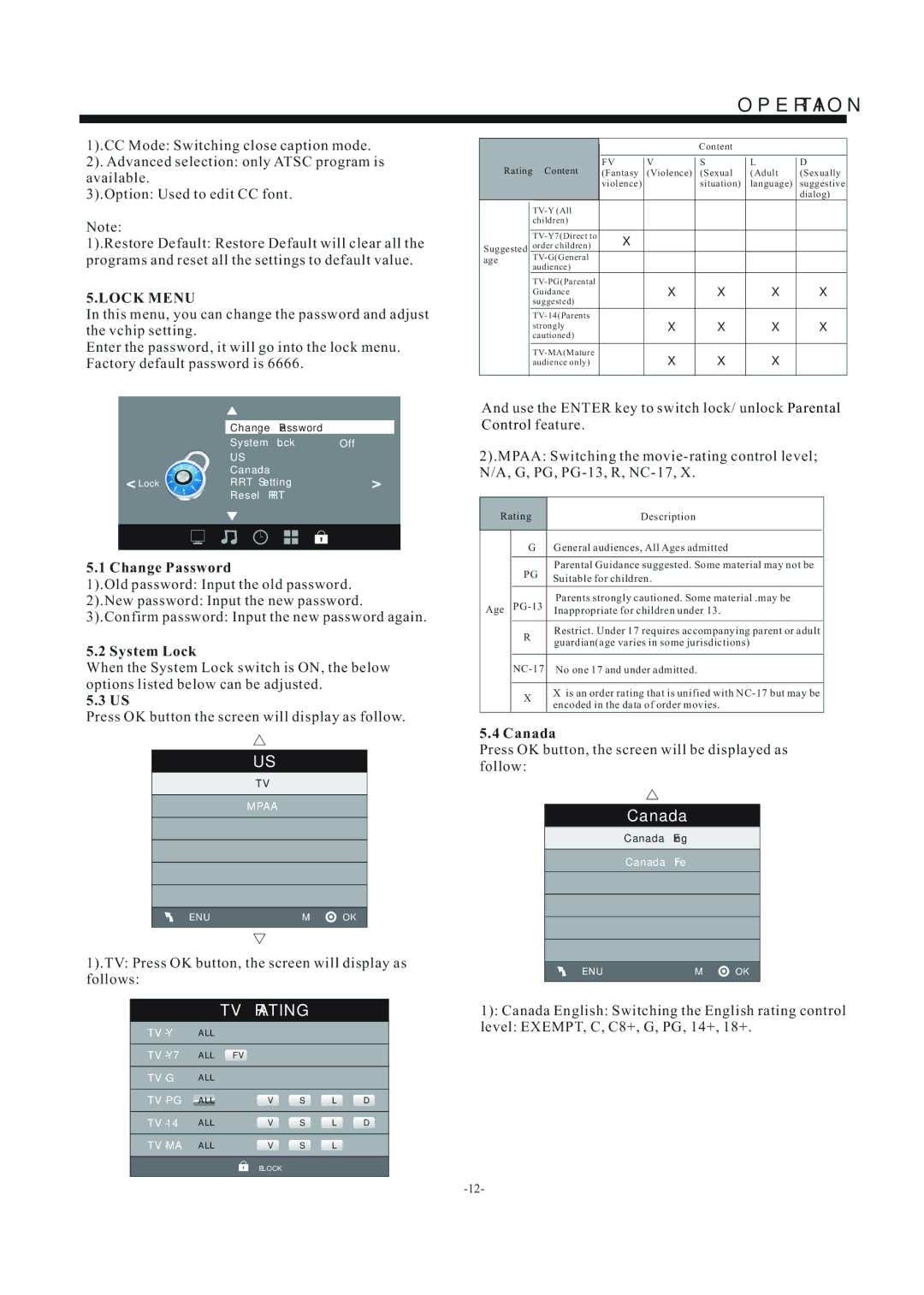 Westinghouse EW32S5KW manual Lock Menu, Change Password, System Lock, Canada 