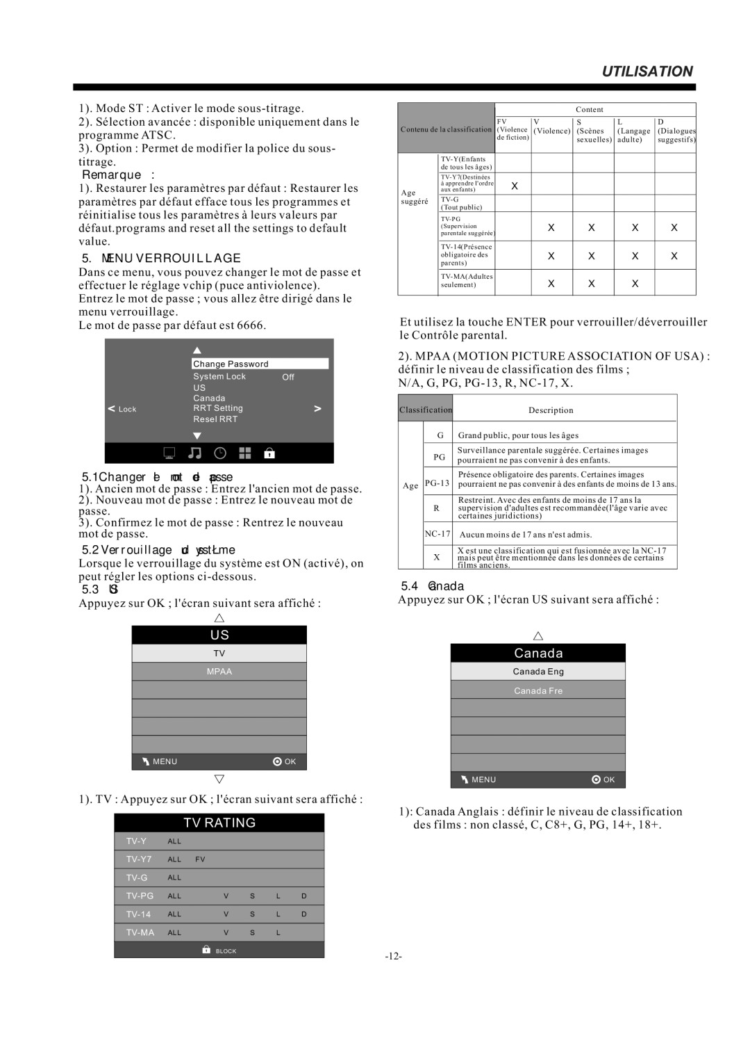 Westinghouse EW32S5KW manual Menu Verrouillage, 1Changer le mot de passe, Verrouillage du système 