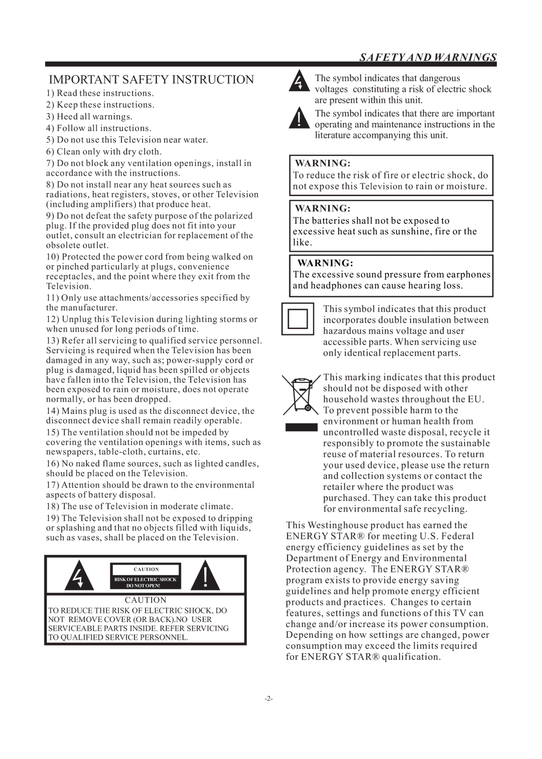 Westinghouse EW32S5KW manual Important Safety Instruction 