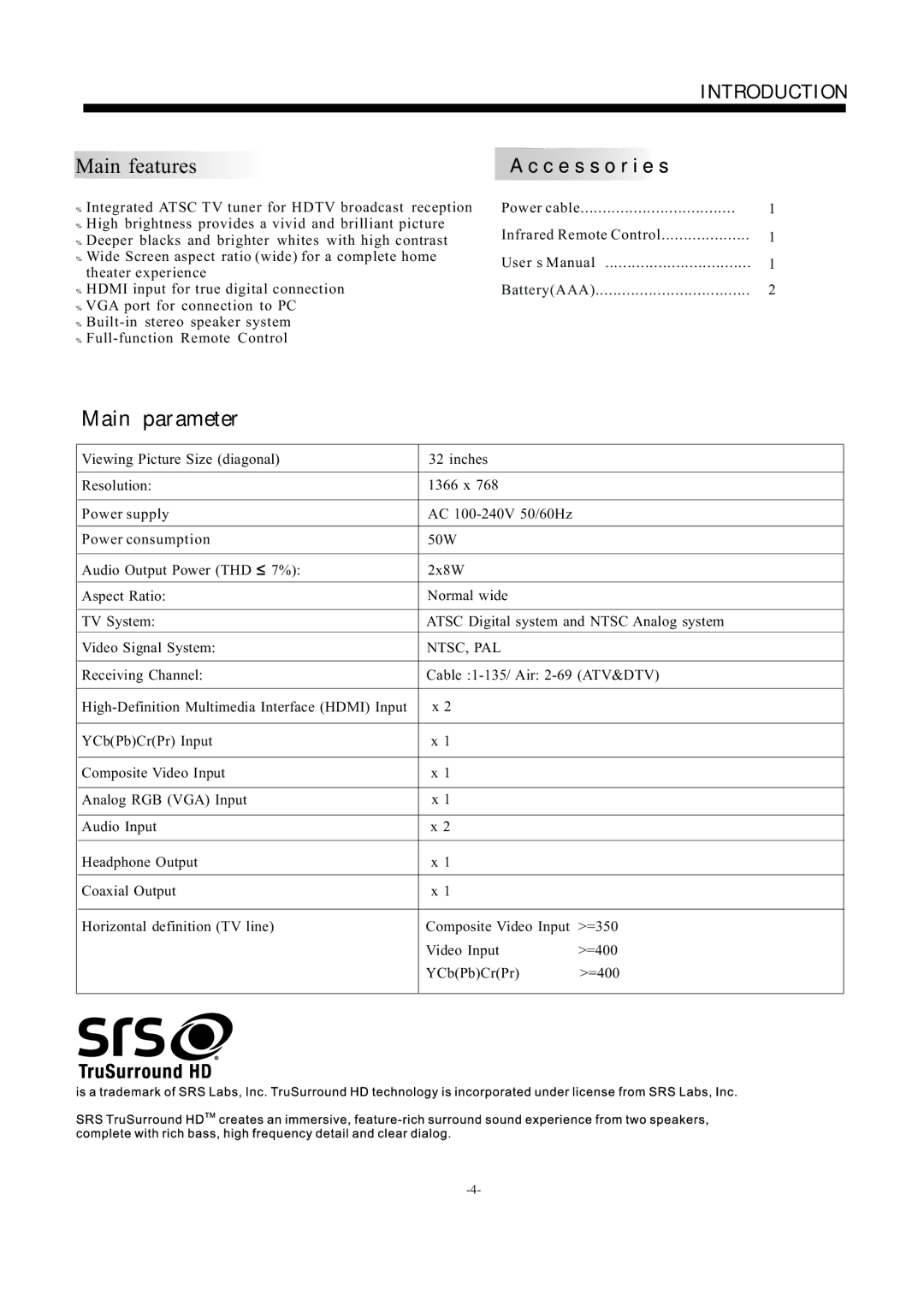 Westinghouse EW32S5KW manual Main features, Accessories 