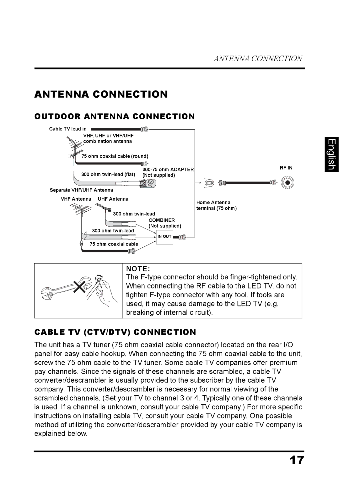 Westinghouse EW32S5UW manual Outdoor Antenna Connection, Cable TV CTV/DTV Connection 