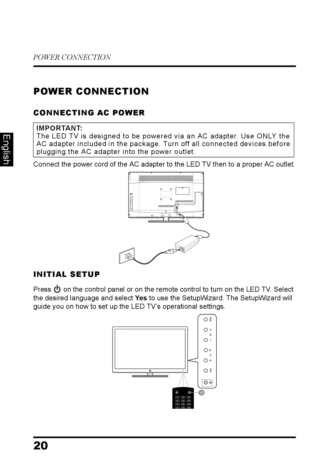 Westinghouse EW32S5UW manual Power Connection, Connecting AC Power, Initial Setup 