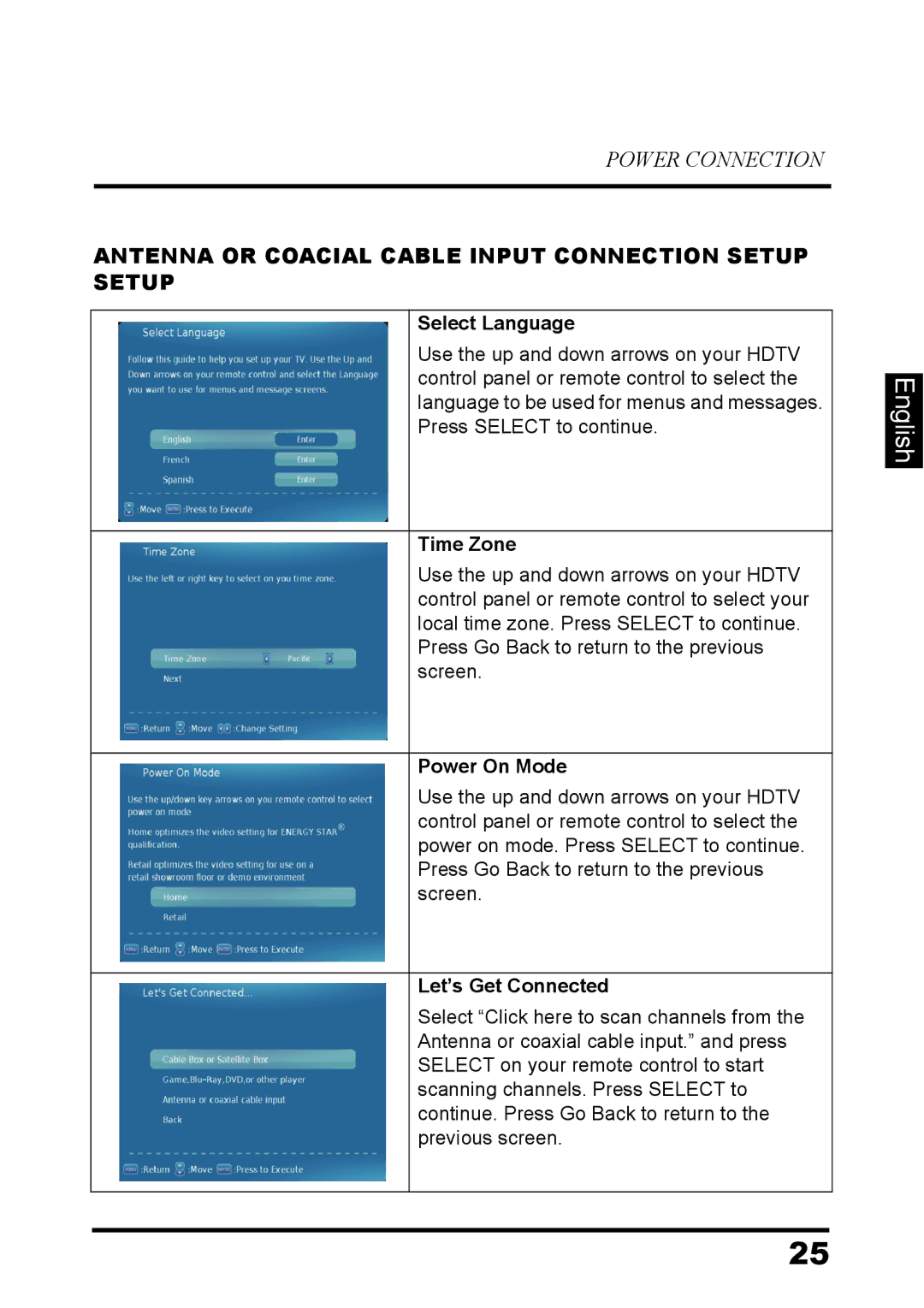 Westinghouse EW32S5UW manual Antenna or Coacial Cable Input Connection Setup Setup, Let’s Get Connected 