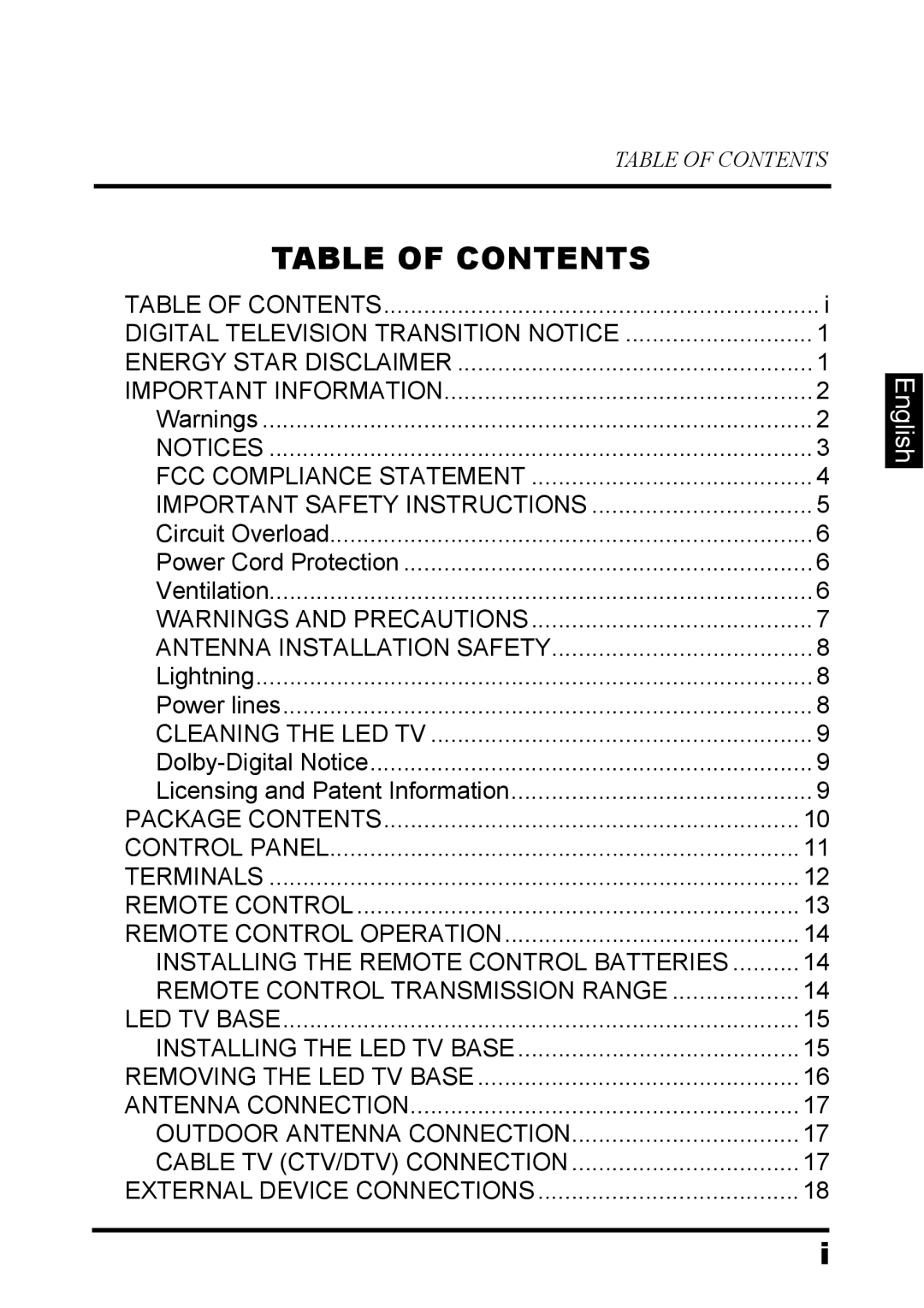 Westinghouse EW32S5UW manual Table of Contents 