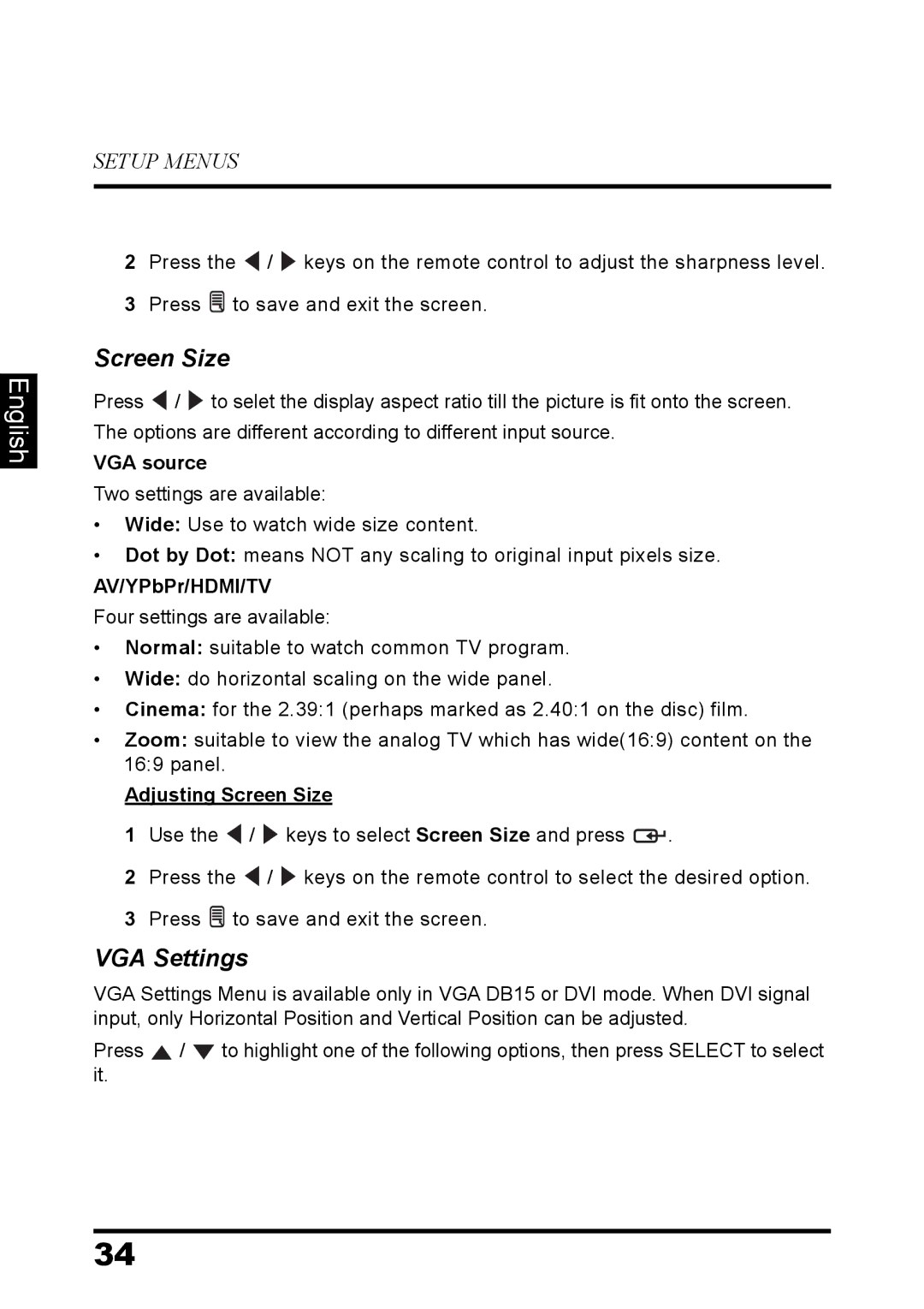 Westinghouse EW32S5UW manual VGA Settings, VGA source, AV/YPbPr/HDMI/TV, Adjusting Screen Size 