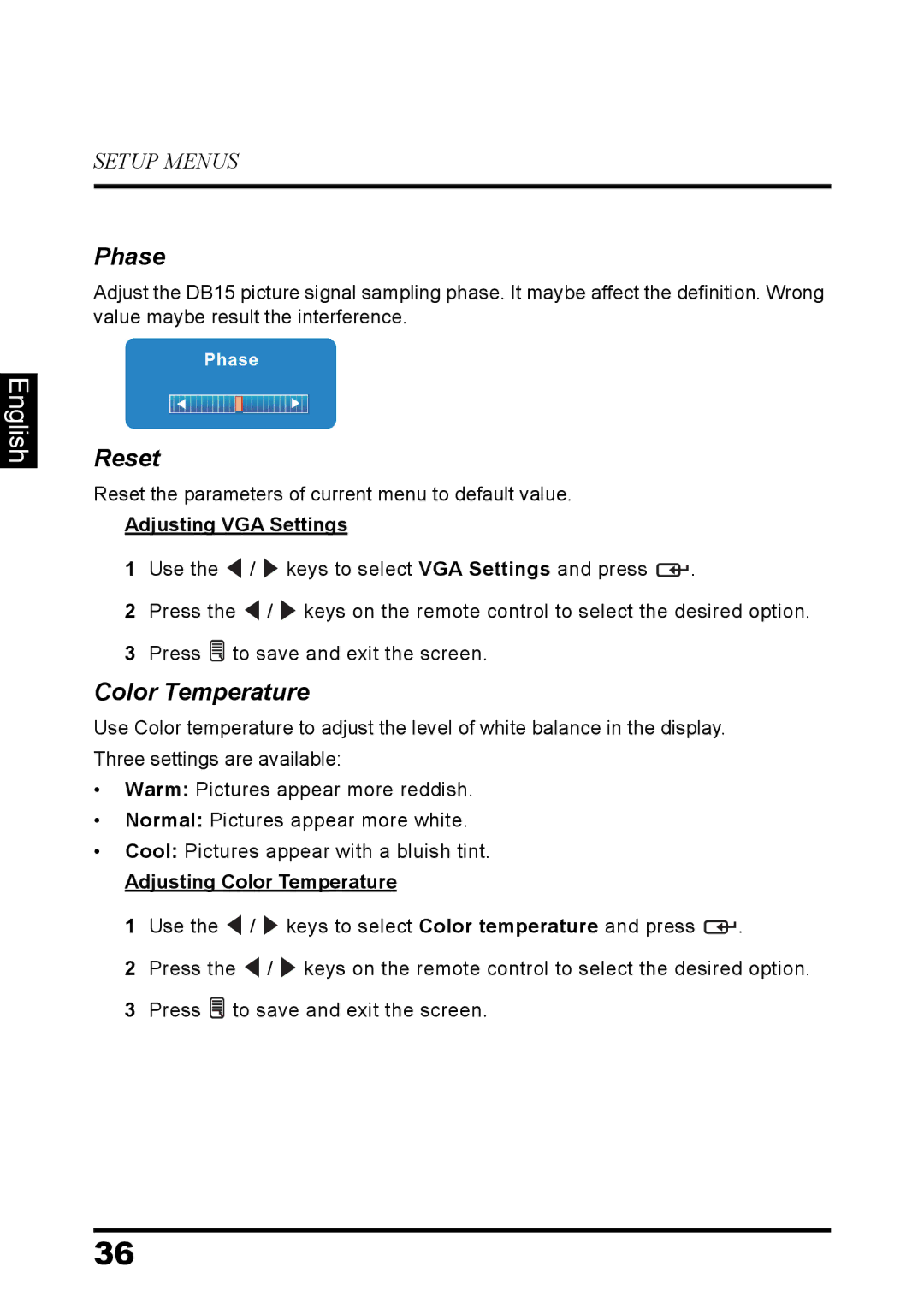 Westinghouse EW32S5UW manual Phase, Reset, Adjusting VGA Settings, Adjusting Color Temperature 