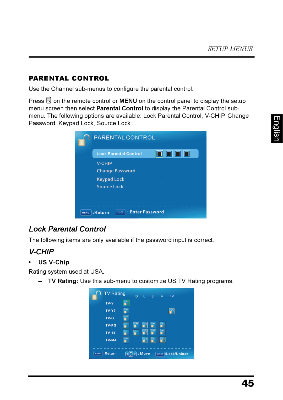 Westinghouse EW32S5UW manual Lock Parental Control, US V-Chip 