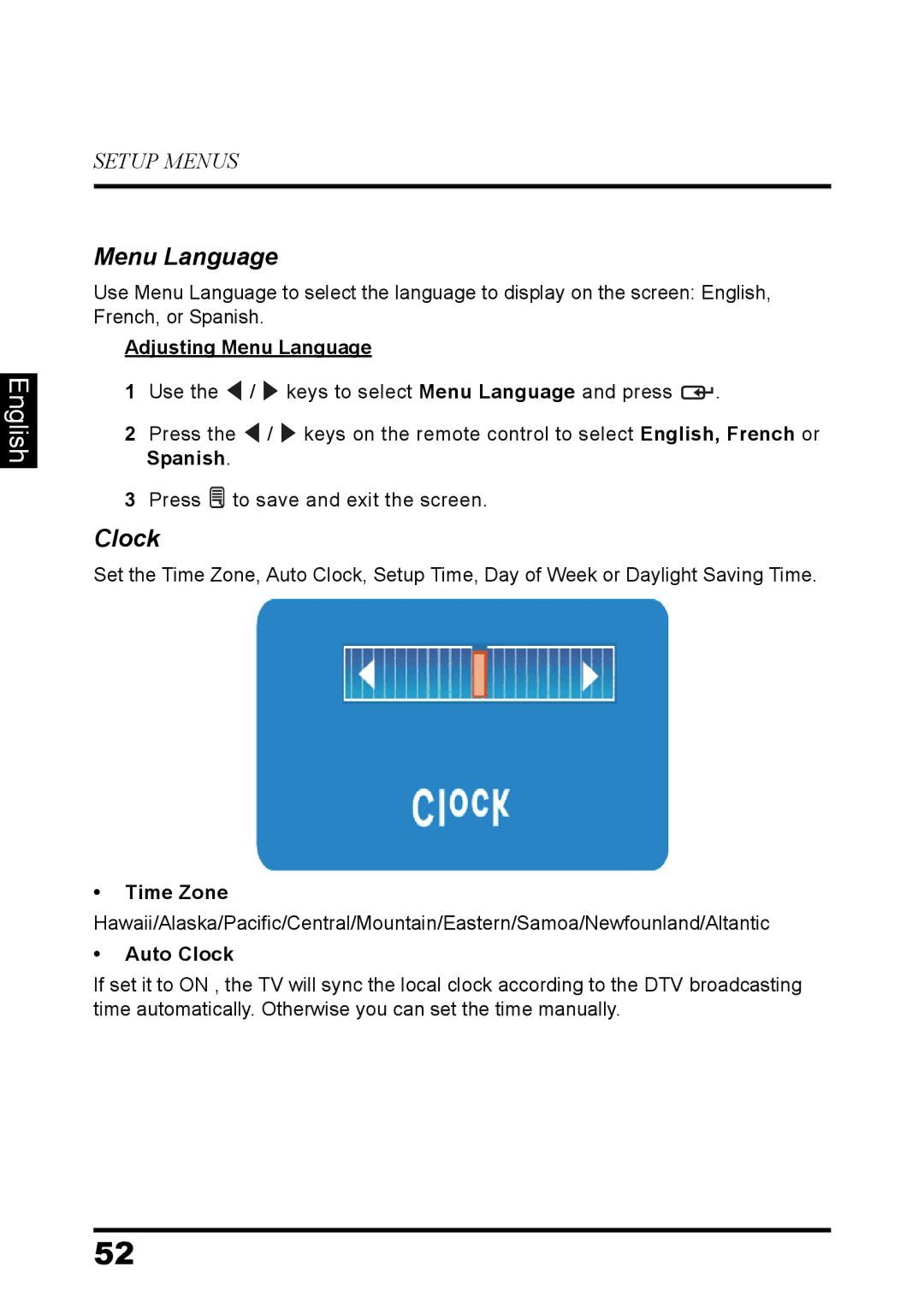Westinghouse EW32S5UW manual Adjusting Menu Language, Auto Clock 