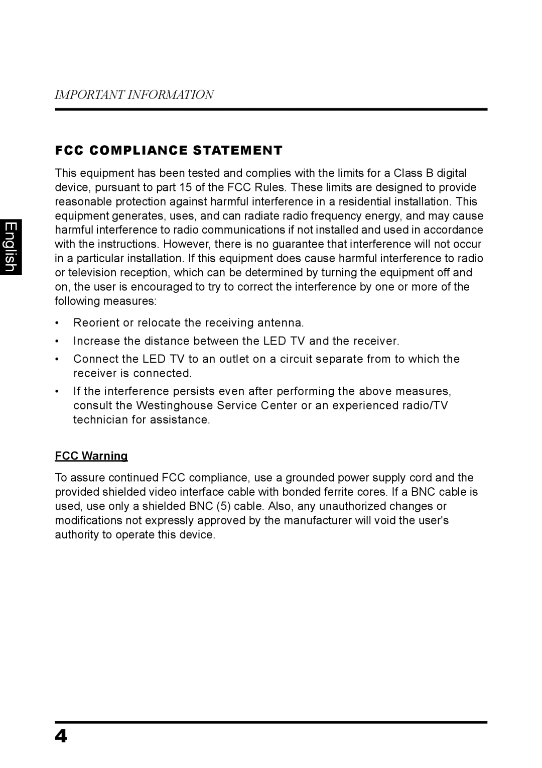 Westinghouse EW32S5UW manual FCC Compliance Statement, FCC Warning 