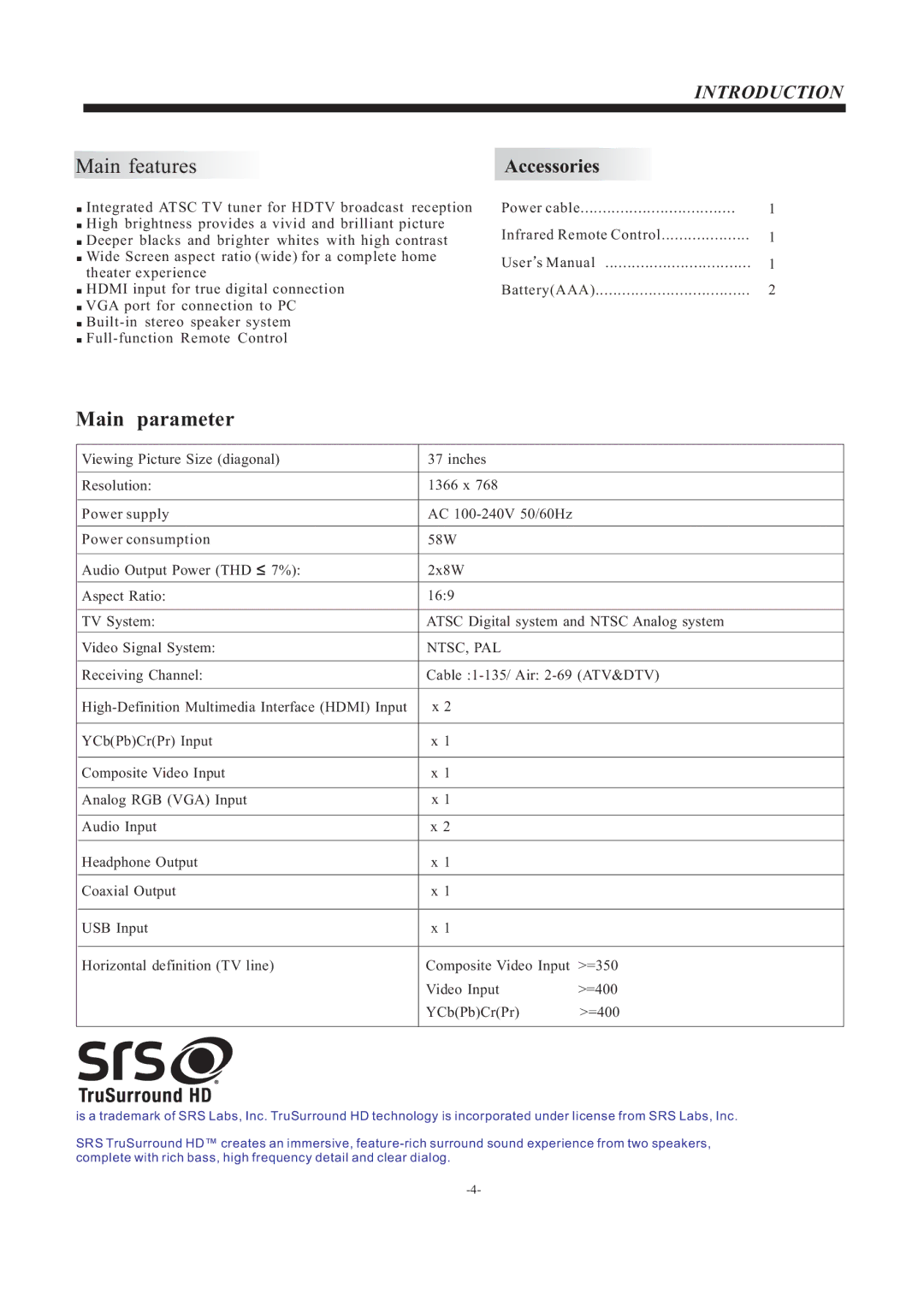 Westinghouse EW37S5KW manual Main parameter, Introduction, Accessories 