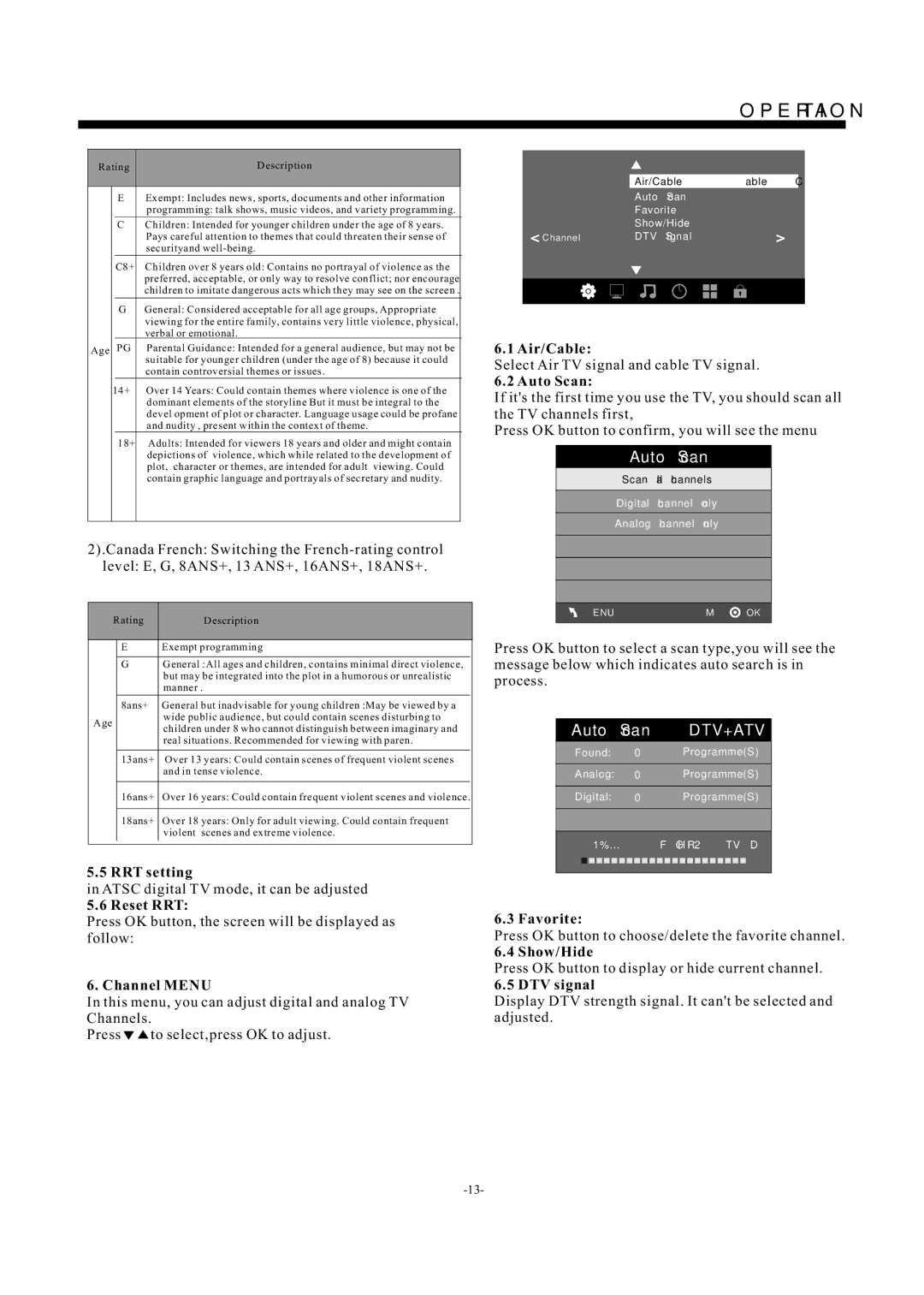 Westinghouse EW39T5KW manual RRT setting, Reset RRT, Channel Menu, Air/Cable, Auto Scan, Favorite, Show/Hide, DTV signal 