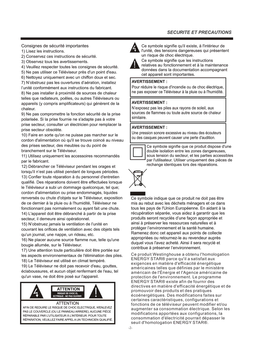 Westinghouse EW39T5KW manual 