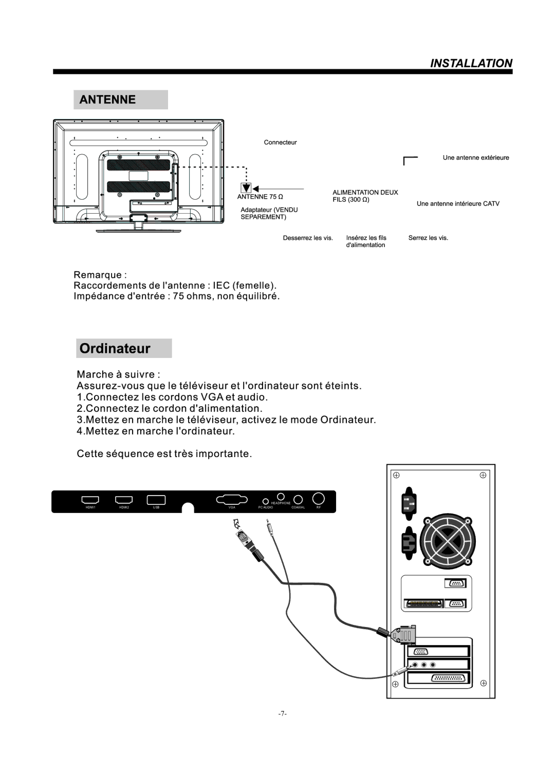 Westinghouse EW39T5KW manual Headphone HDMI1 HDMI2 USB VGA PC Audio Coaxial 