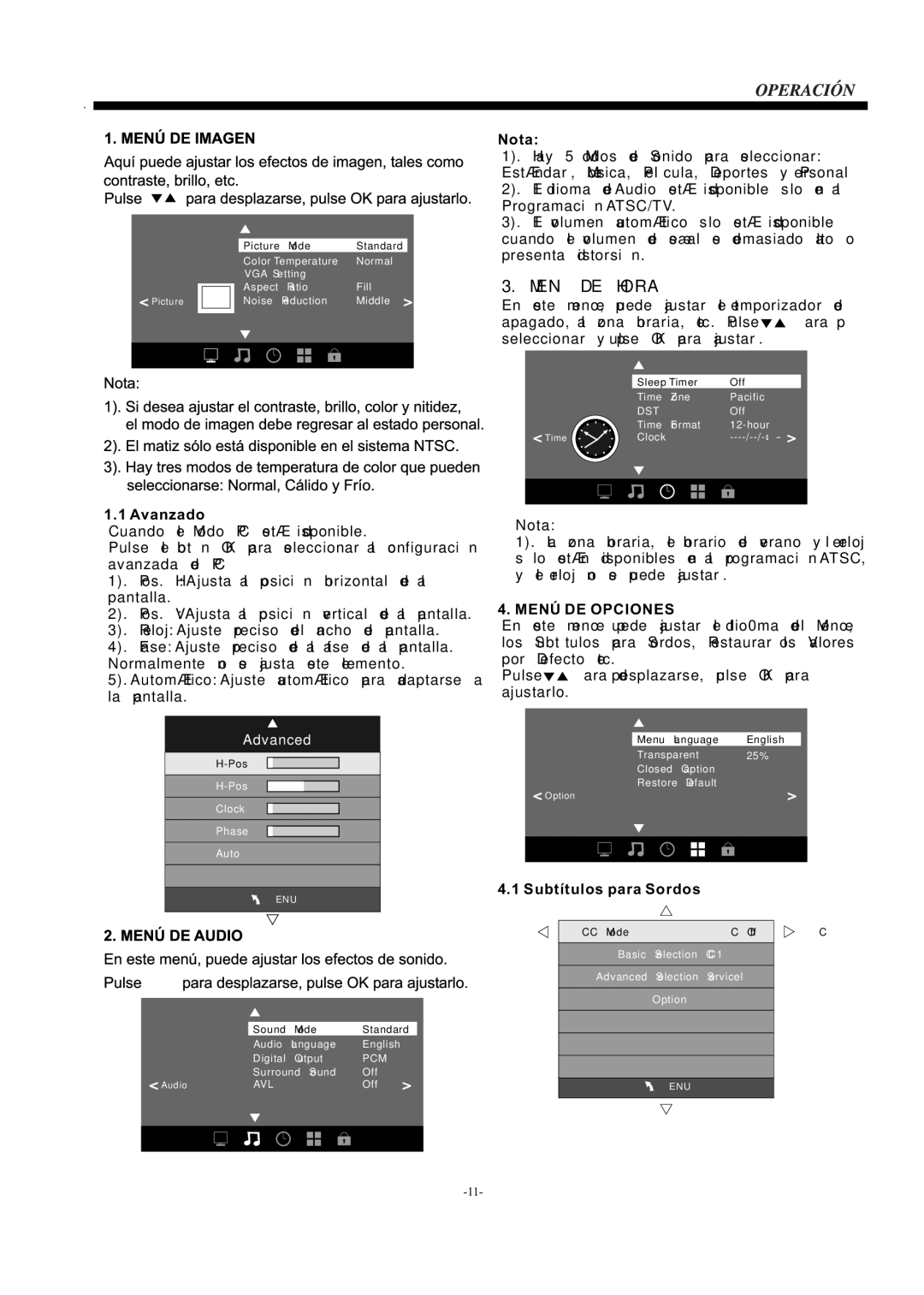 Westinghouse EW39T5KW manual Nota, Avanzado, Menú DE Opciones, Subtítulos para Sordos 