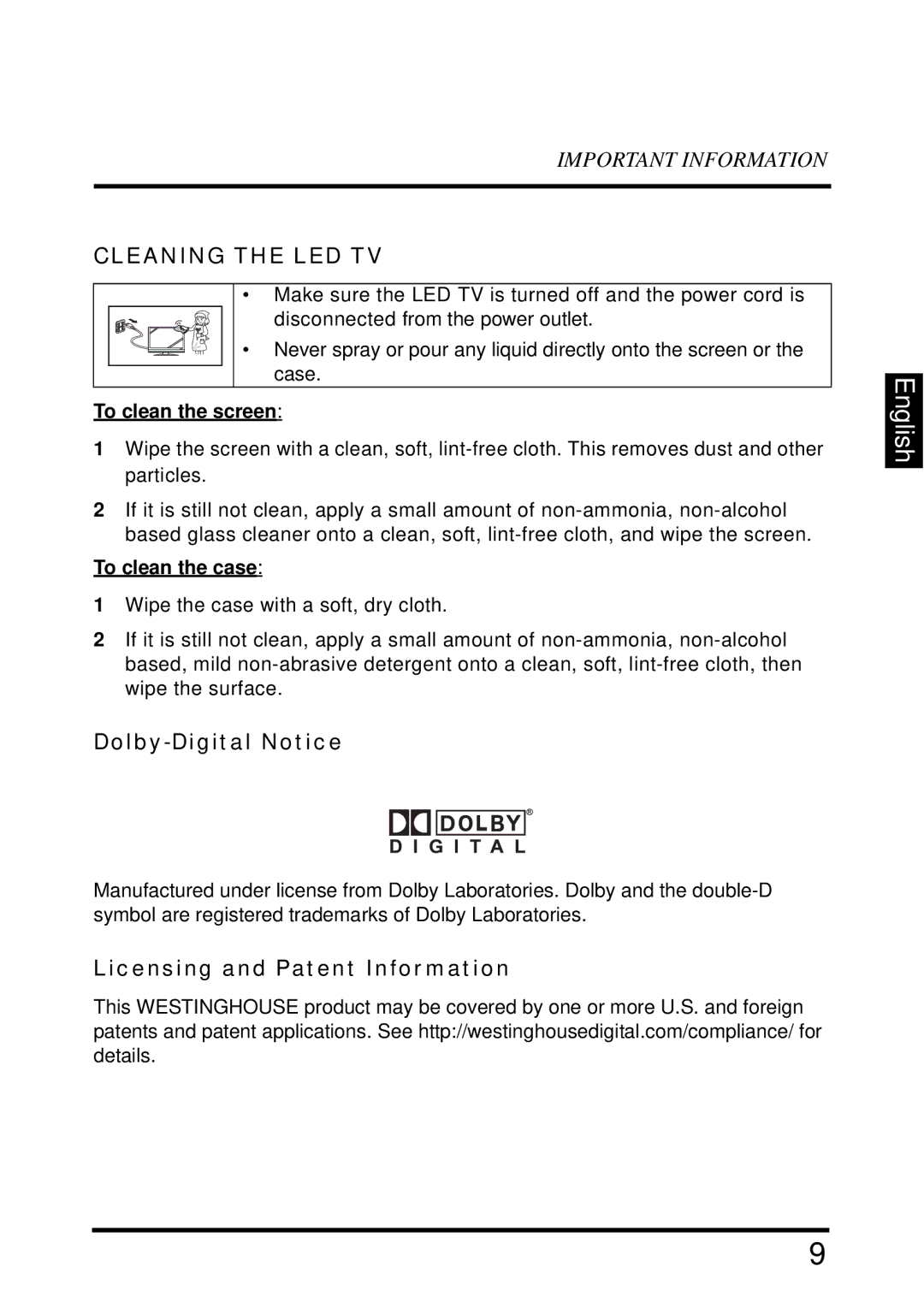 Westinghouse EW39T6MZ manual Cleaning the LED TV, To clean the screen, To clean the case 