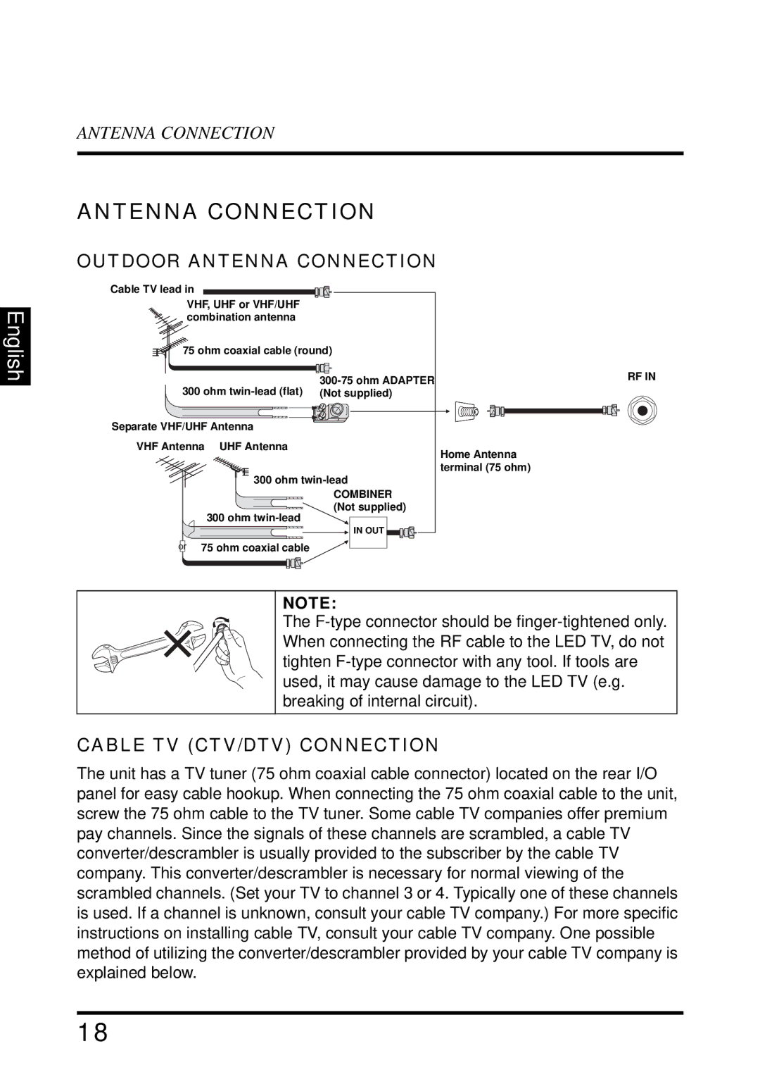 Westinghouse EW39T6MZ manual Outdoor Antenna Connection, Cable TV CTV/DTV Connection 