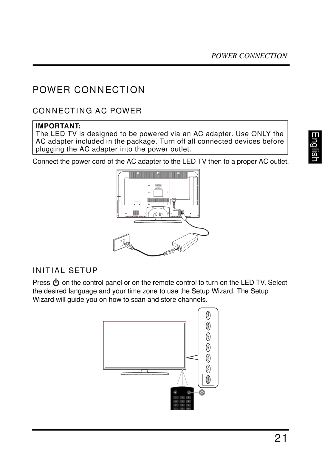 Westinghouse EW39T6MZ manual Power Connection, Connecting AC Power, Initial Setup 