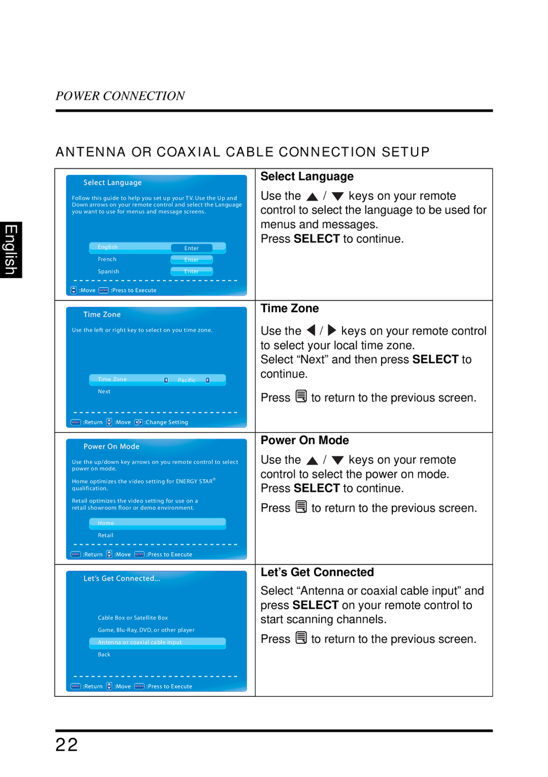 Westinghouse EW39T6MZ manual Antenna or Coaxial Cable Connection Setup, Select Language 