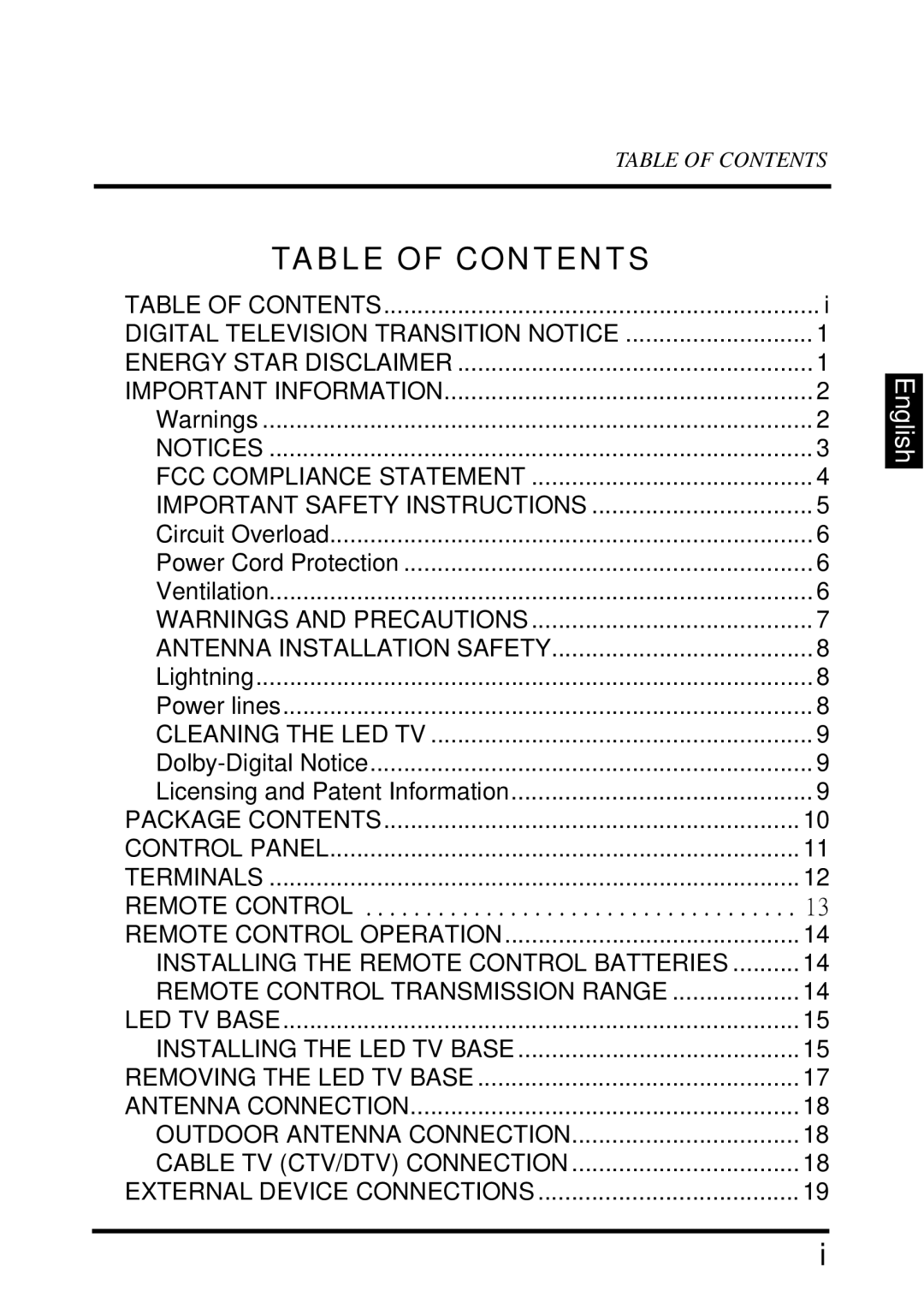 Westinghouse EW39T6MZ manual Table of Contents 