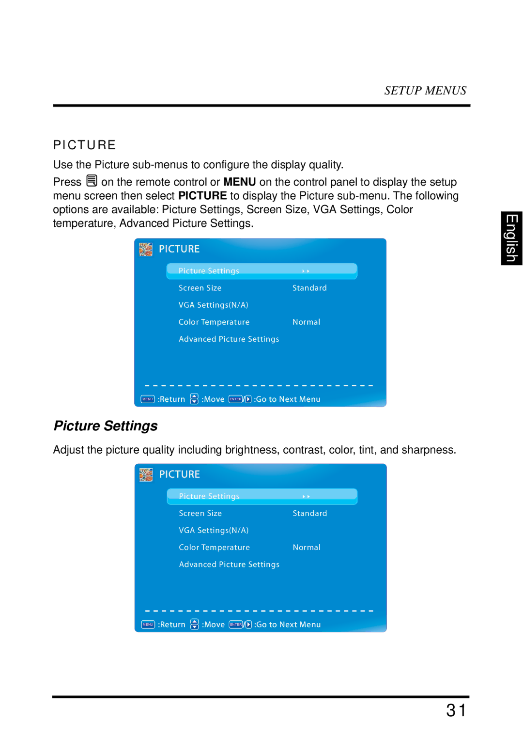 Westinghouse EW39T6MZ manual Picture Settings 