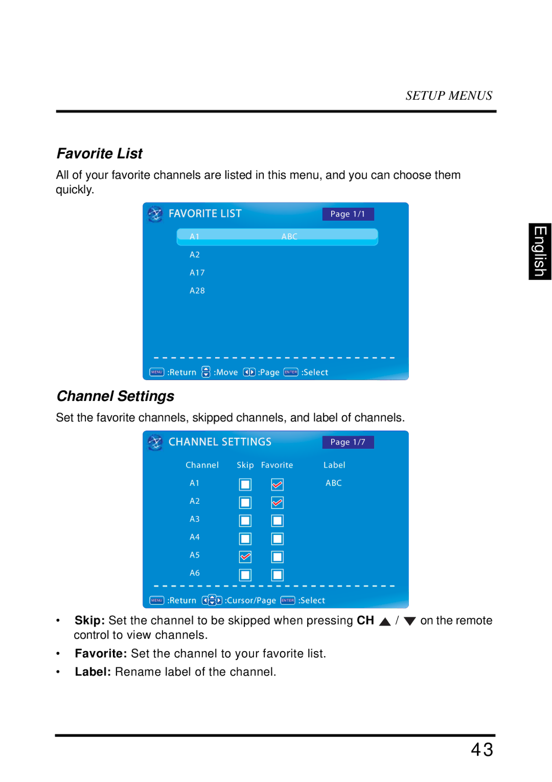 Westinghouse EW39T6MZ manual Favorite List, Channel Settings 