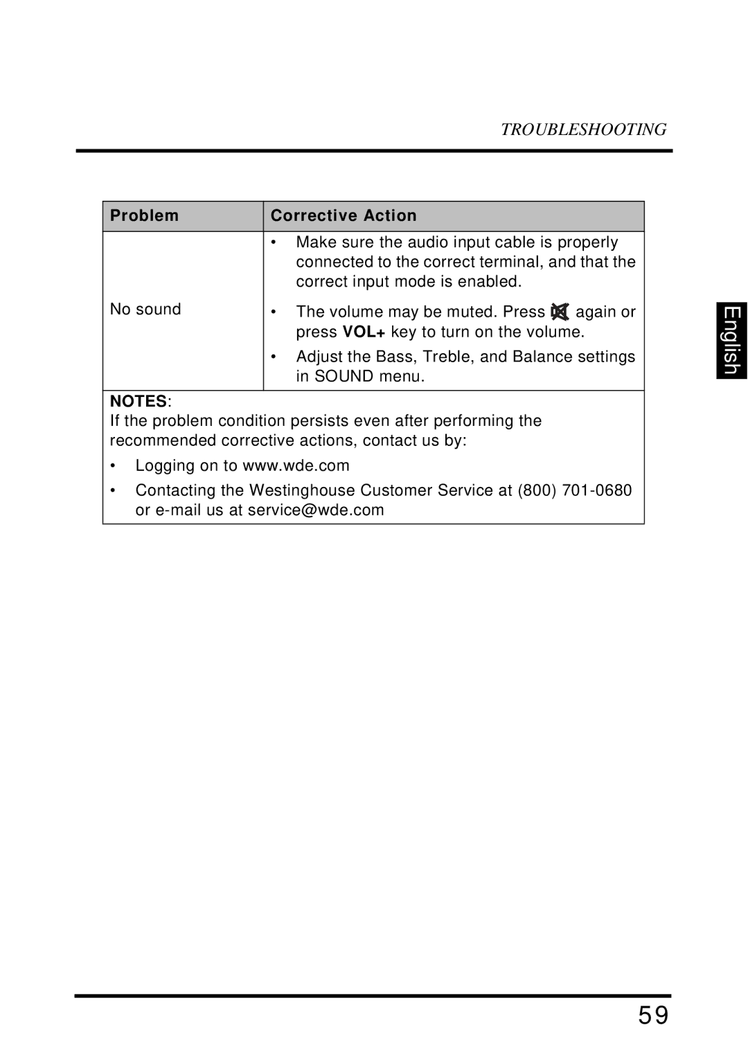 Westinghouse EW39T6MZ manual Make sure the audio input cable is properly 