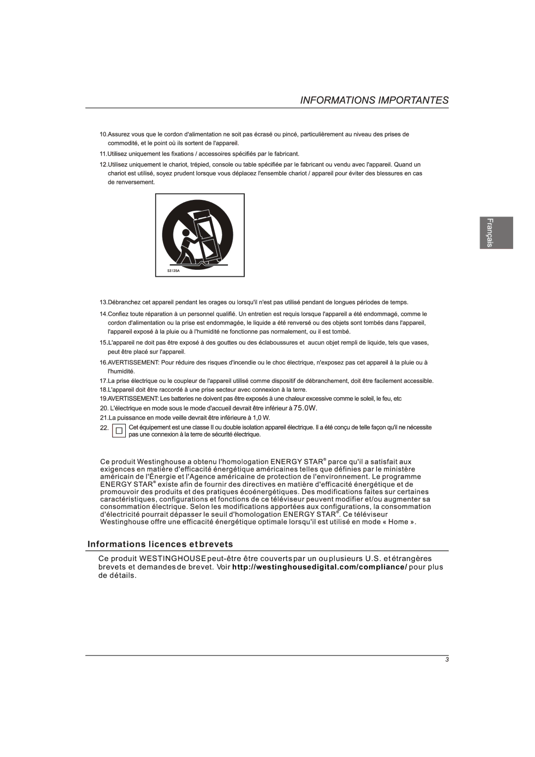 Westinghouse EW40T2XW manual Informations licences et brevets 