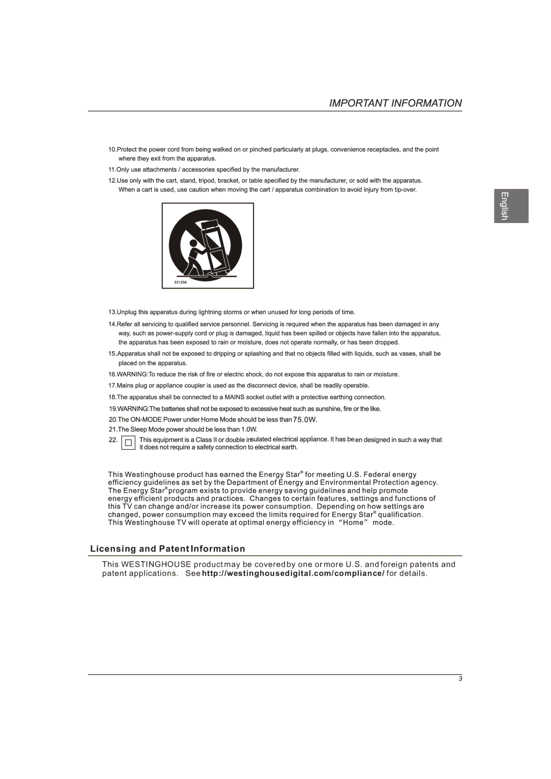 Westinghouse EW40T2XW manual Licensing and Patent Information 