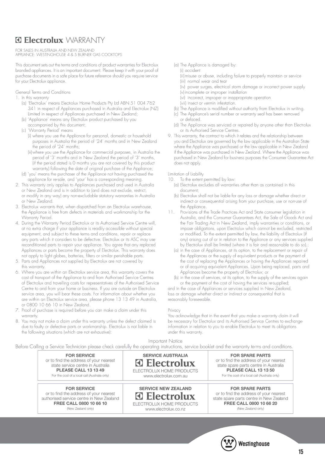 Westinghouse GHP775S, GHP95S, GHP795S, GHP17W, GHP16W, GHP95W, GHP765S, GHP17S, GHP16S manual Warranty Period 