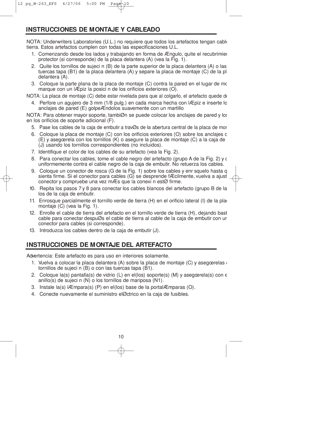 Westinghouse Indoor Lighting fixture Instrucciones DE Montaje Y Cableado, Instrucciones DE Montaje DEL Artefacto 