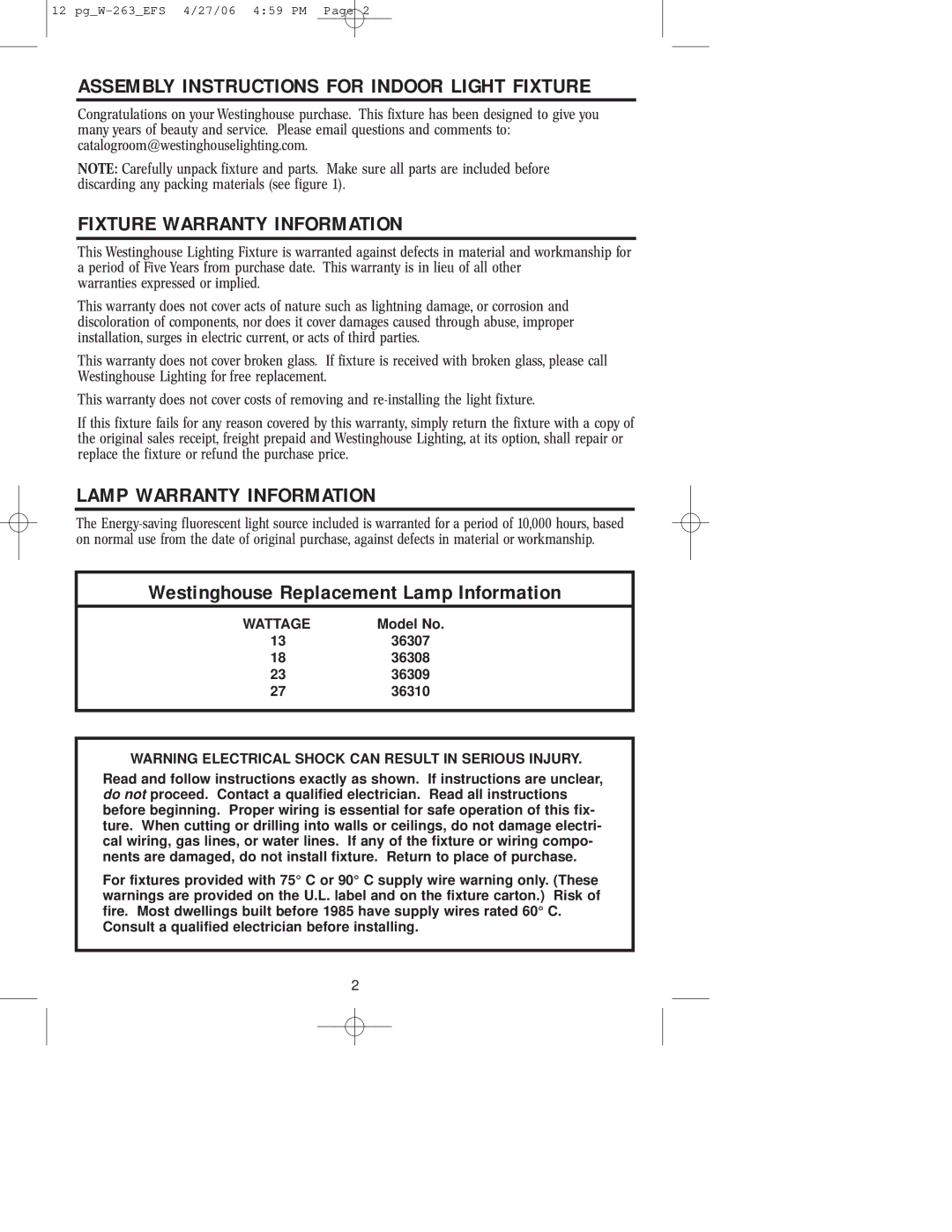 Westinghouse Indoor Lighting fixture Assembly Instructions for Indoor Light Fixture, Fixture Warranty Information 