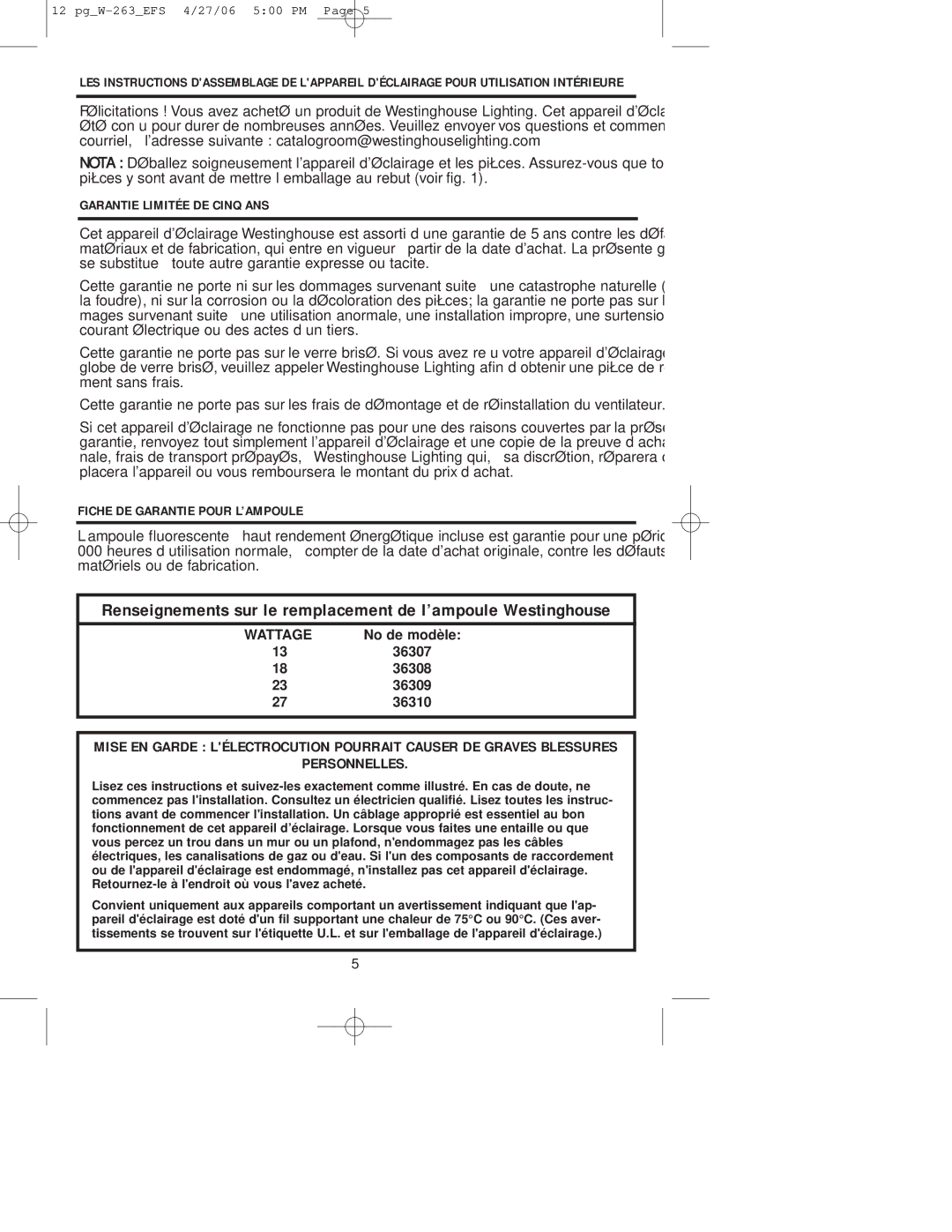 Westinghouse Indoor Lighting fixture owner manual Renseignements sur le remplacement de l’ampoule Westinghouse 