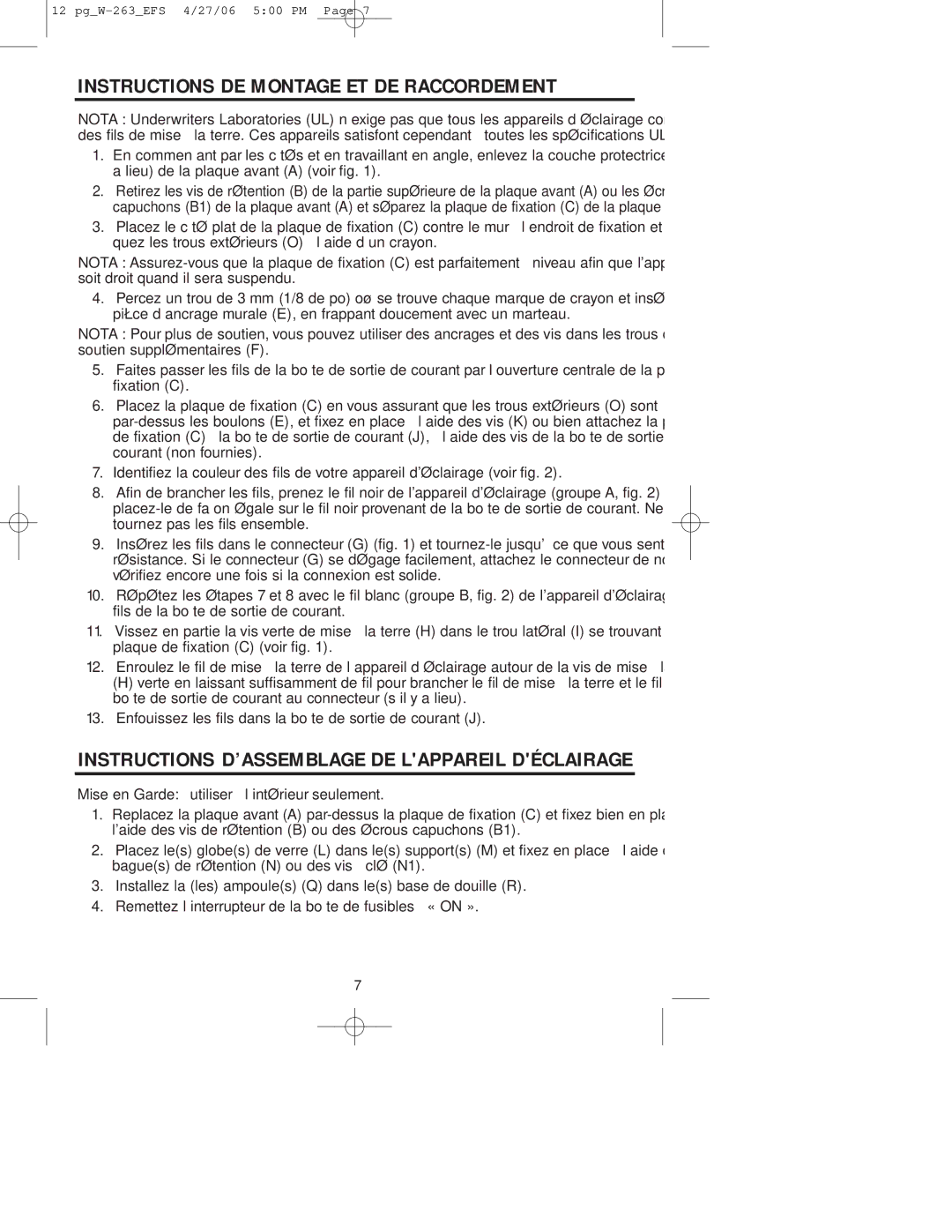 Westinghouse Indoor Lighting fixture owner manual Instructions DE Montage ET DE Raccordement 