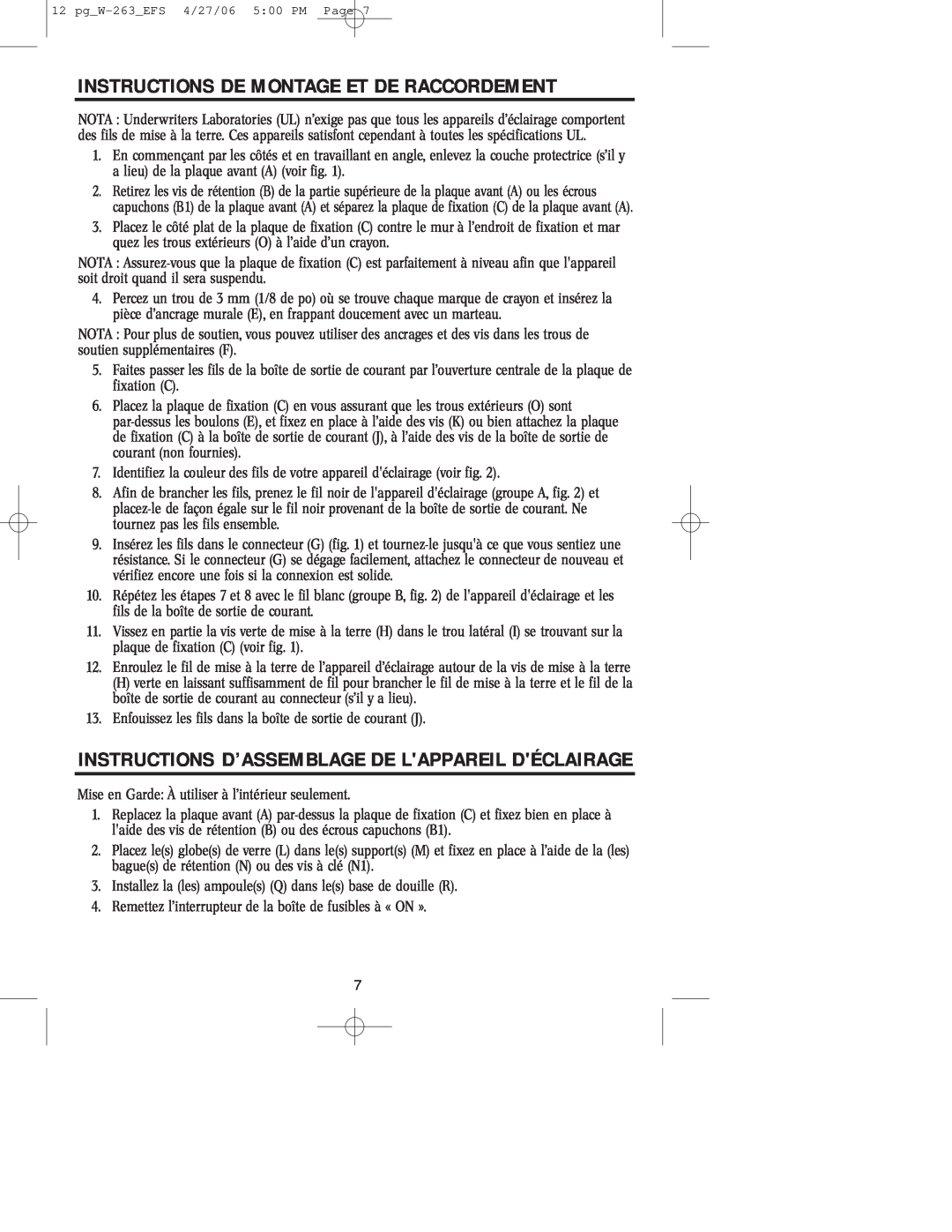 Westinghouse Indoor Lighting fixture owner manual Instructions De Montage Et De Raccordement 