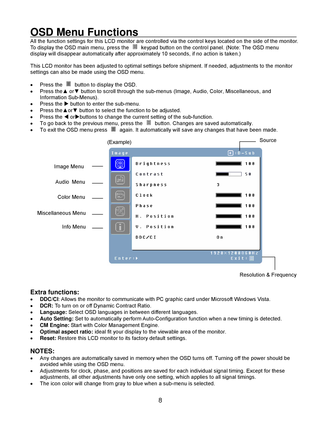 Westinghouse L1916HW user manual OSD Menu Functions, Extra functions 