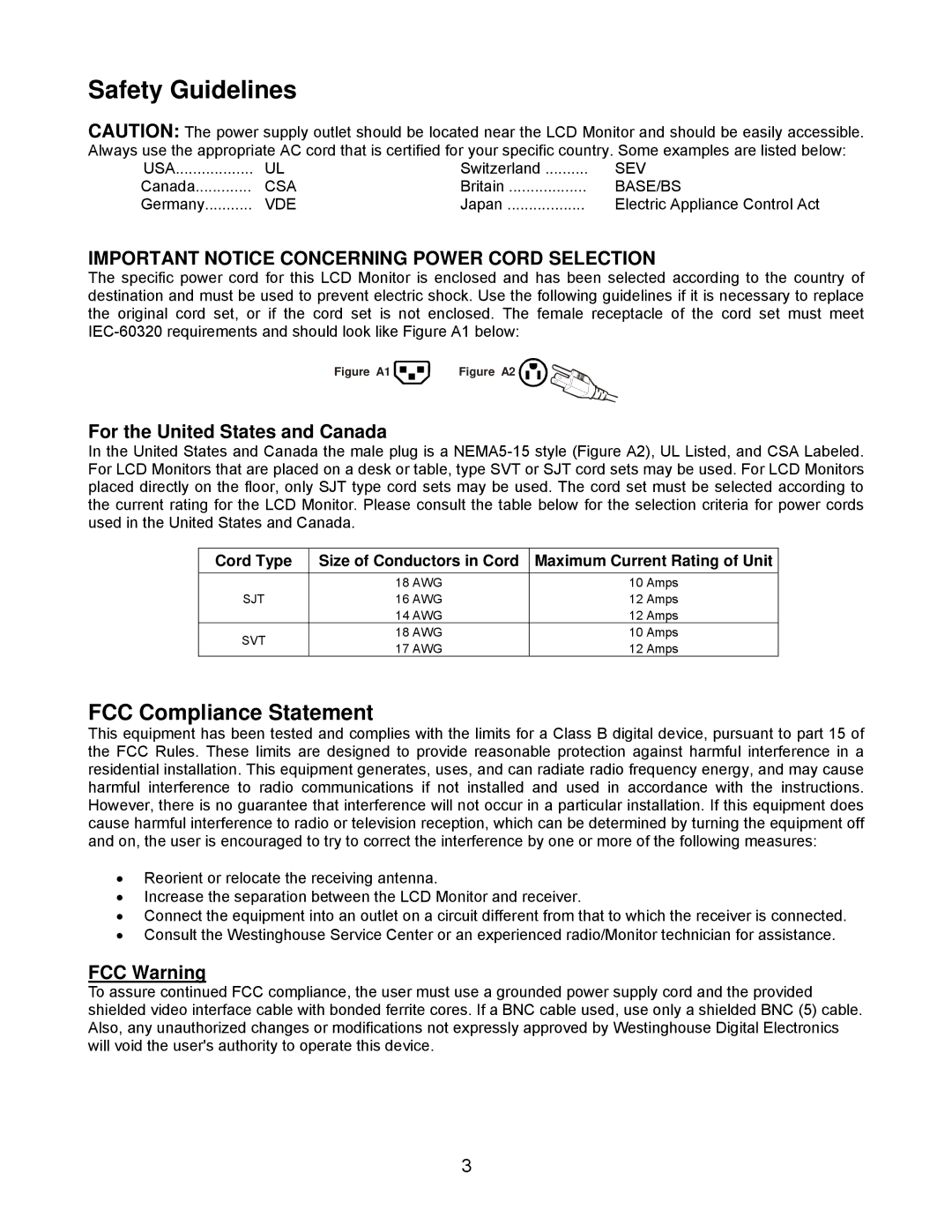 Westinghouse L1916HW user manual FCC Compliance Statement, For the United States and Canada, FCC Warning 