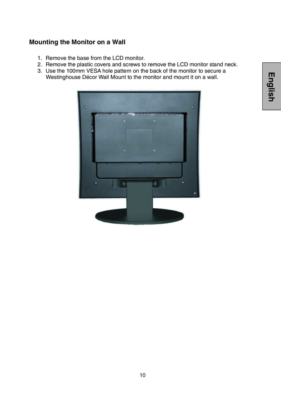 Westinghouse L1928NV manual Mounting the Monitor on a Wall 