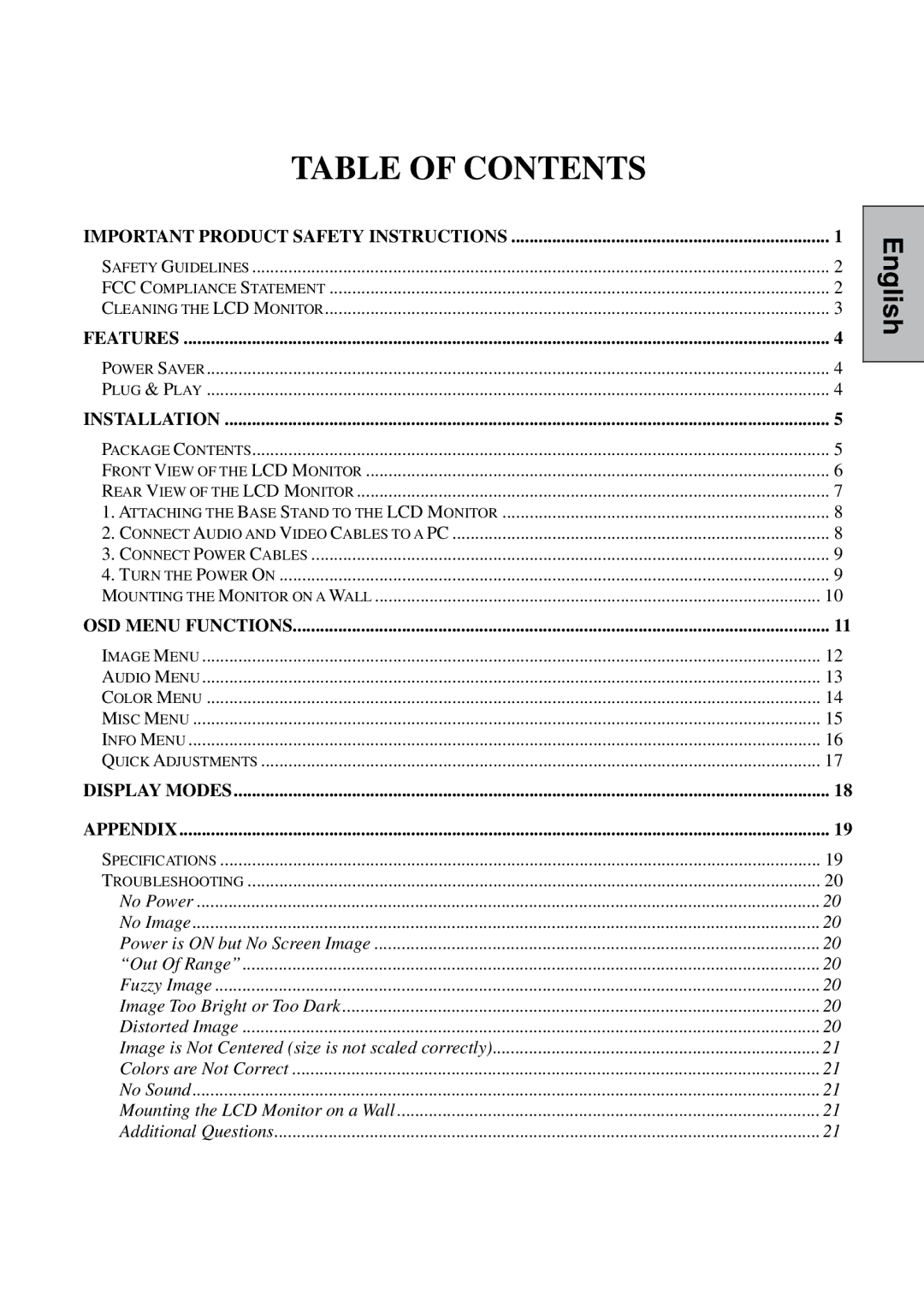 Westinghouse L1928NV manual Table of Contents 