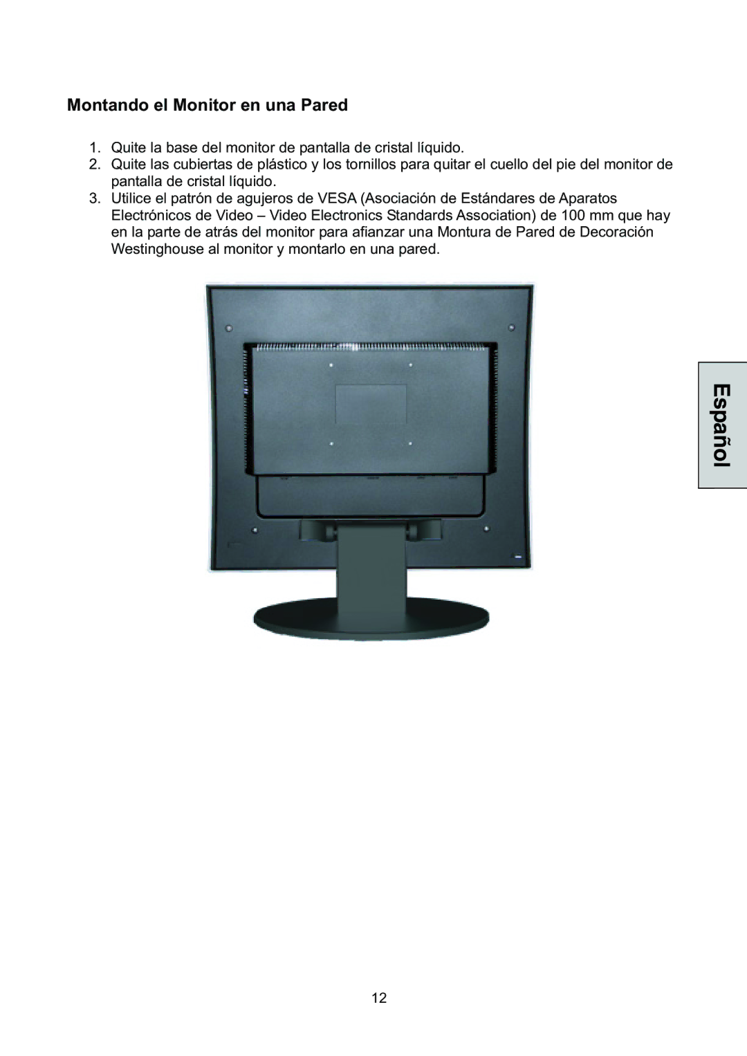 Westinghouse L1928NV manual Montando el Monitor en una Pared 