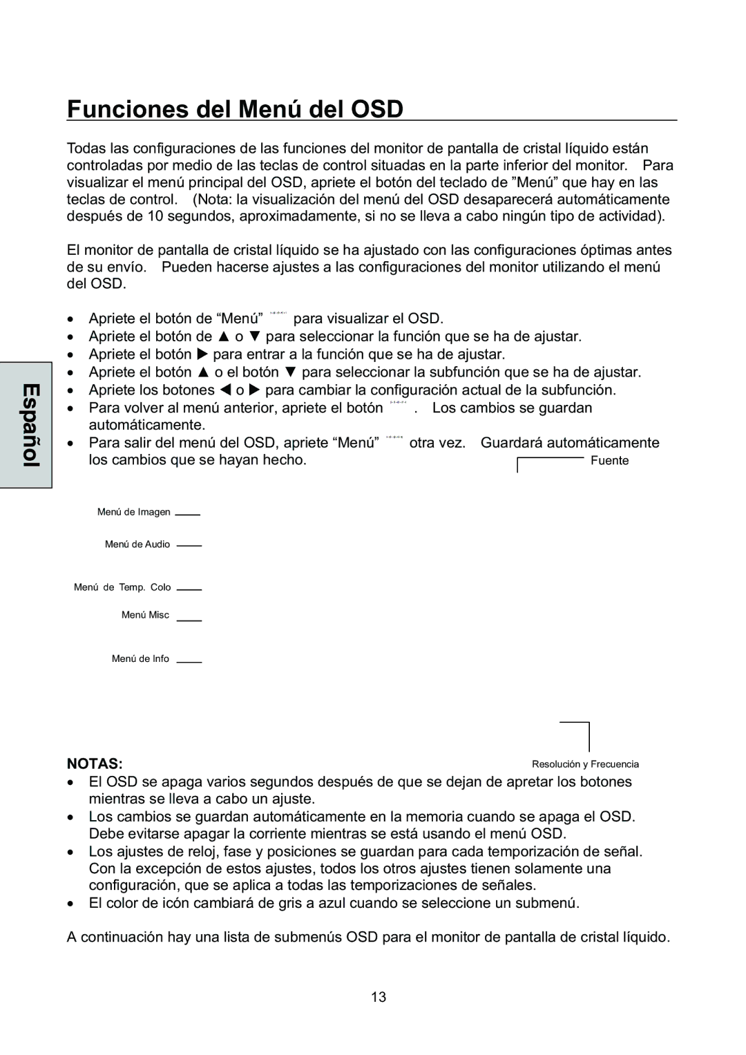 Westinghouse L1928NV manual Funciones del Menú del OSD, Notas 