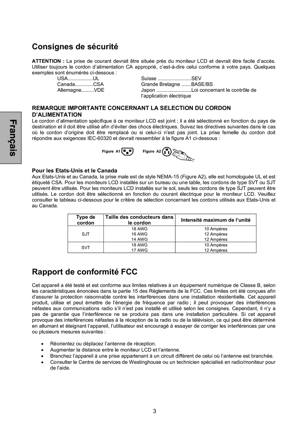 Westinghouse L1928NV manual Consignes de sécurité, Rapport de conformité FCC, Pour les Etats-Unis et le Canada 
