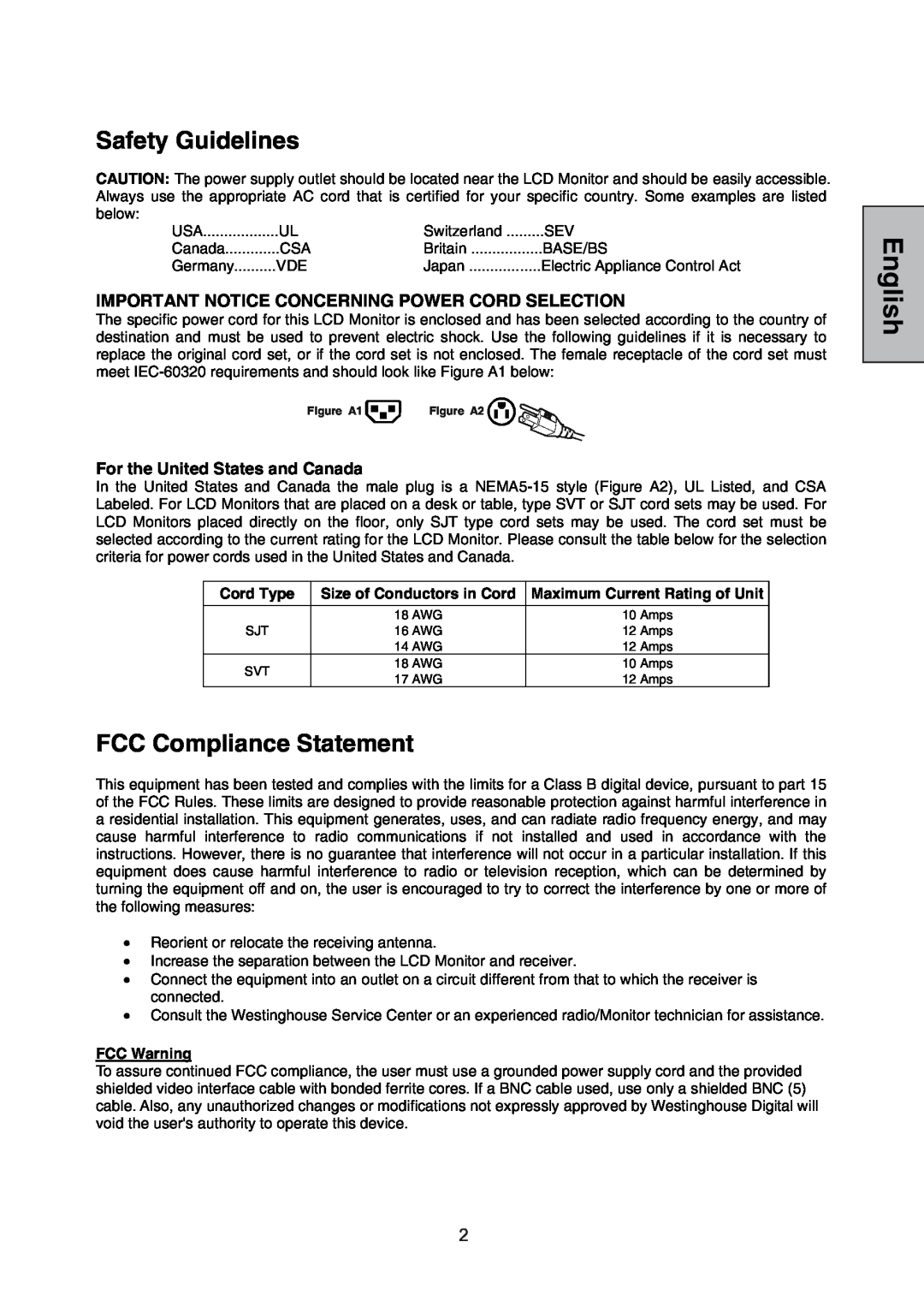 Westinghouse L1928NV manual Safety Guidelines, FCC Compliance Statement, Important Notice Concerning Power Cord Selection 