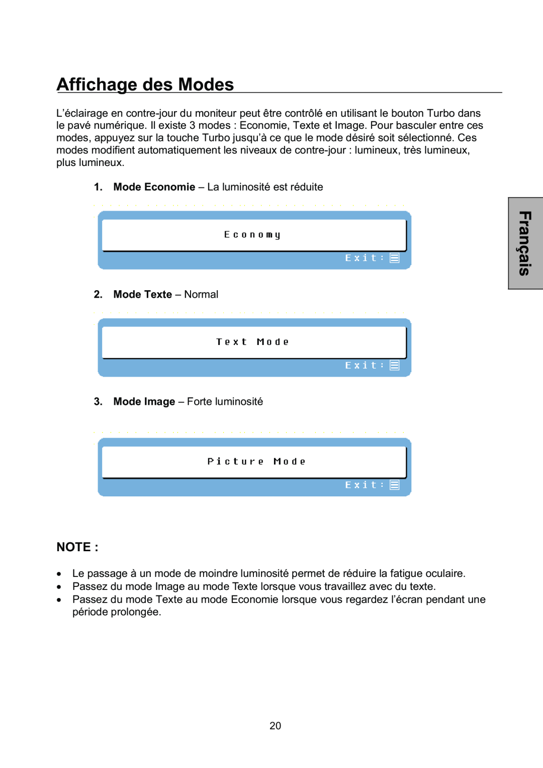 Westinghouse L1928NV manual Affichage des Modes, Mode Texte - Normal 